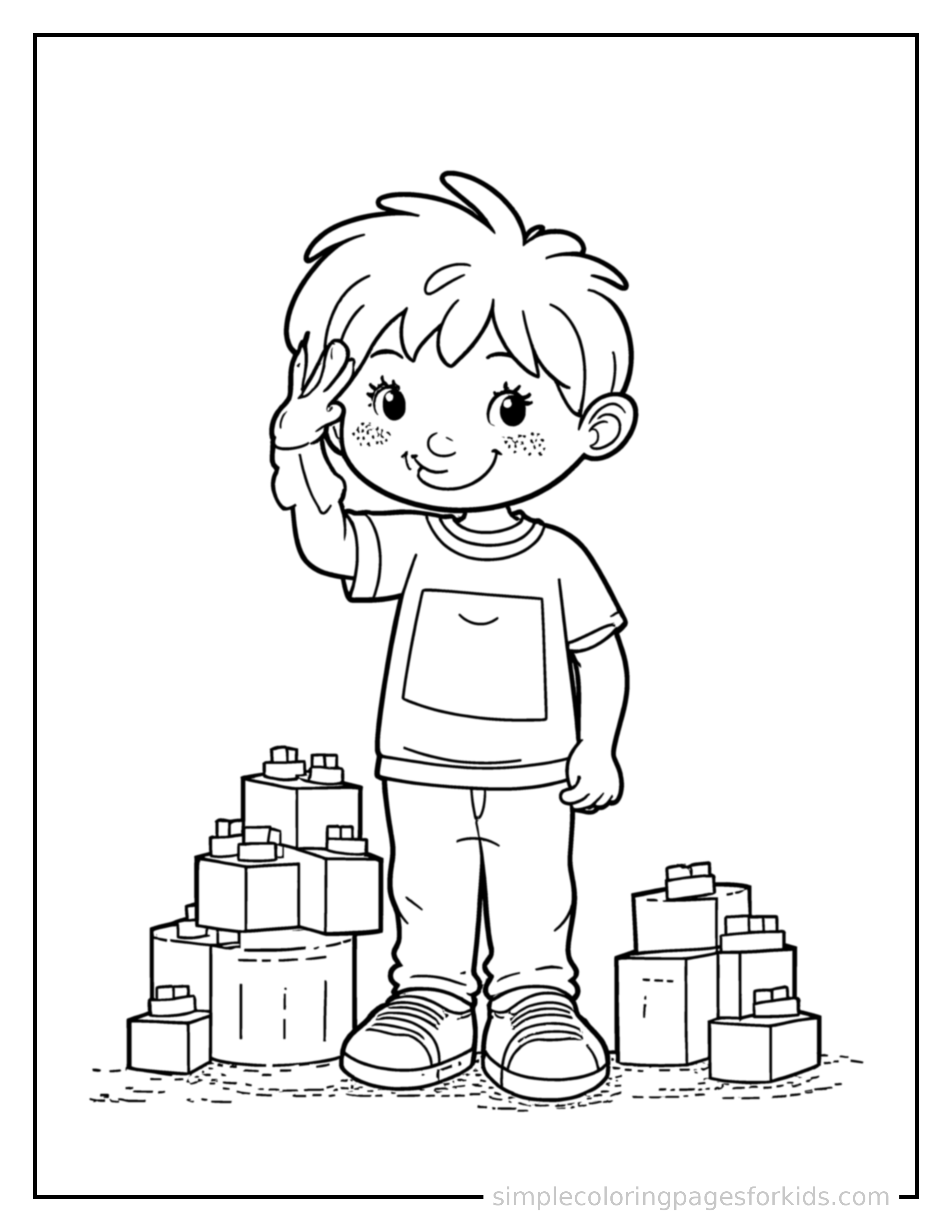 Free printable kid building with blocks coloring page featuring a cute kid building with blocks standing tall with a big cheerful grin, one hand raised in a wave, head tilted slightly.