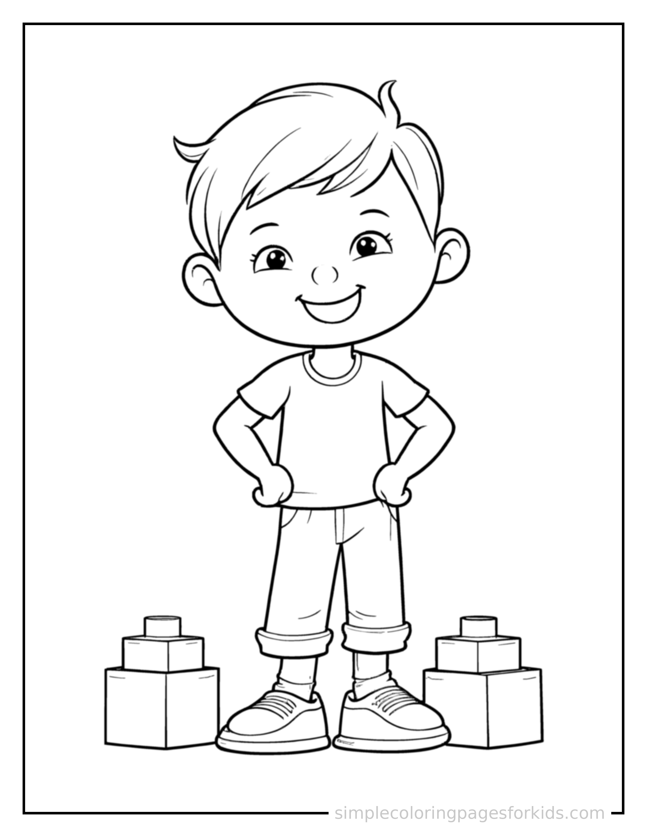 Free printable kid building with blocks coloring page featuring a cute kid building with blocks standing proudly with hands on hips, chest out, big sparkling happy eyes and open smile.