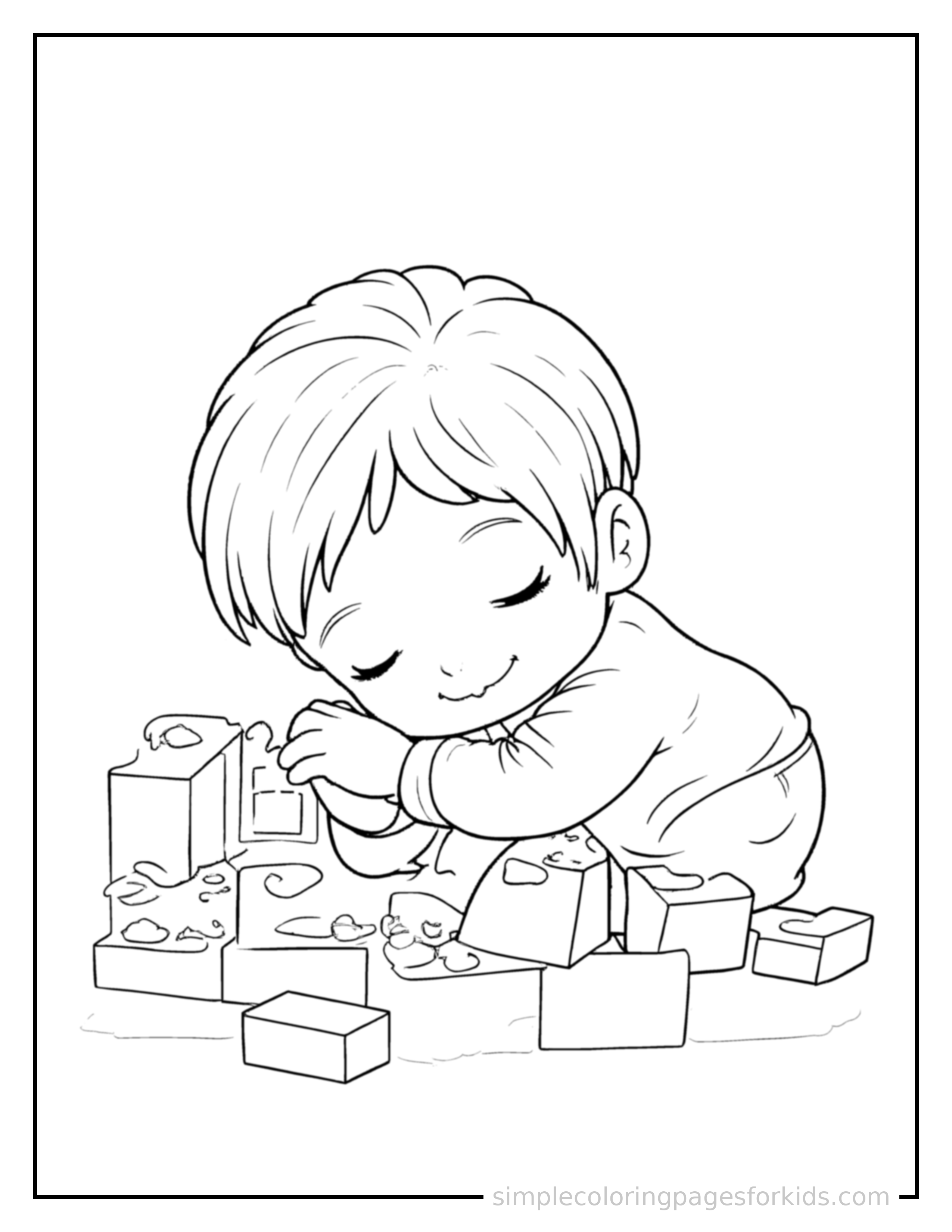 Free printable kid building with blocks coloring page featuring a cute kid building with blocks curled up fast asleep, peaceful smile, one eye scrunched shut, hands tucked under the chin.