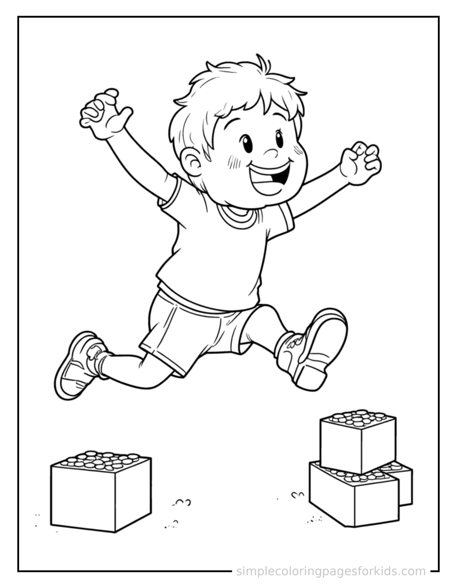 Jumping Kid Building With Blocks Coloring Page