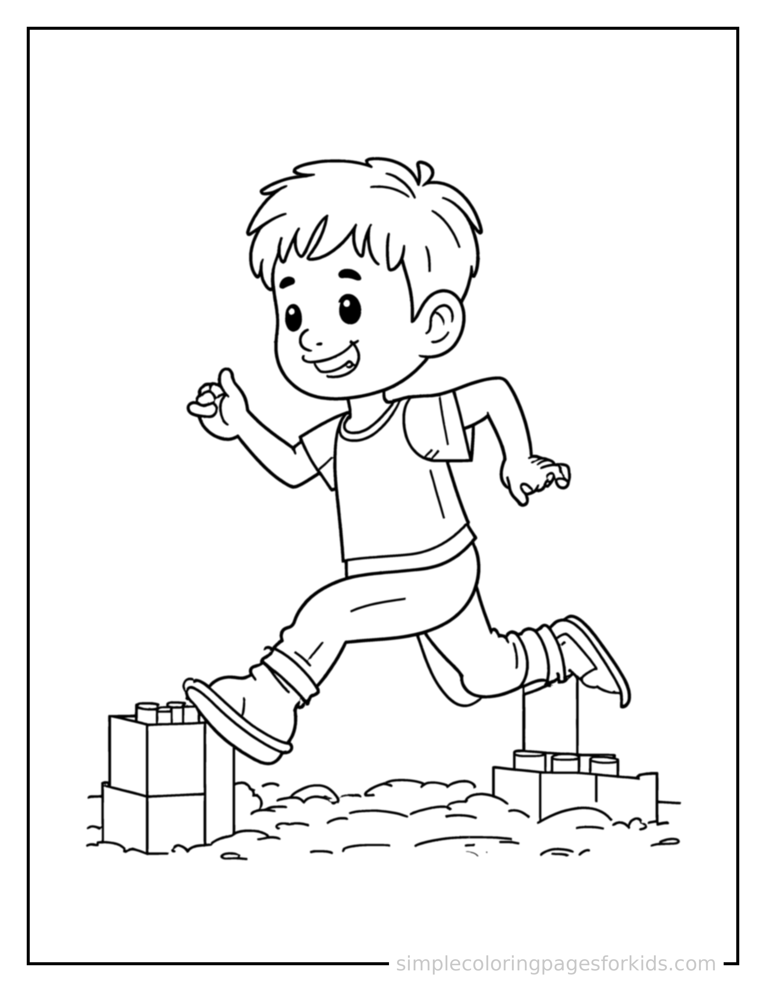 Free printable kid building with blocks coloring page featuring a cute kid building with blocks running forward at full speed, arms pumping, big happy grin.