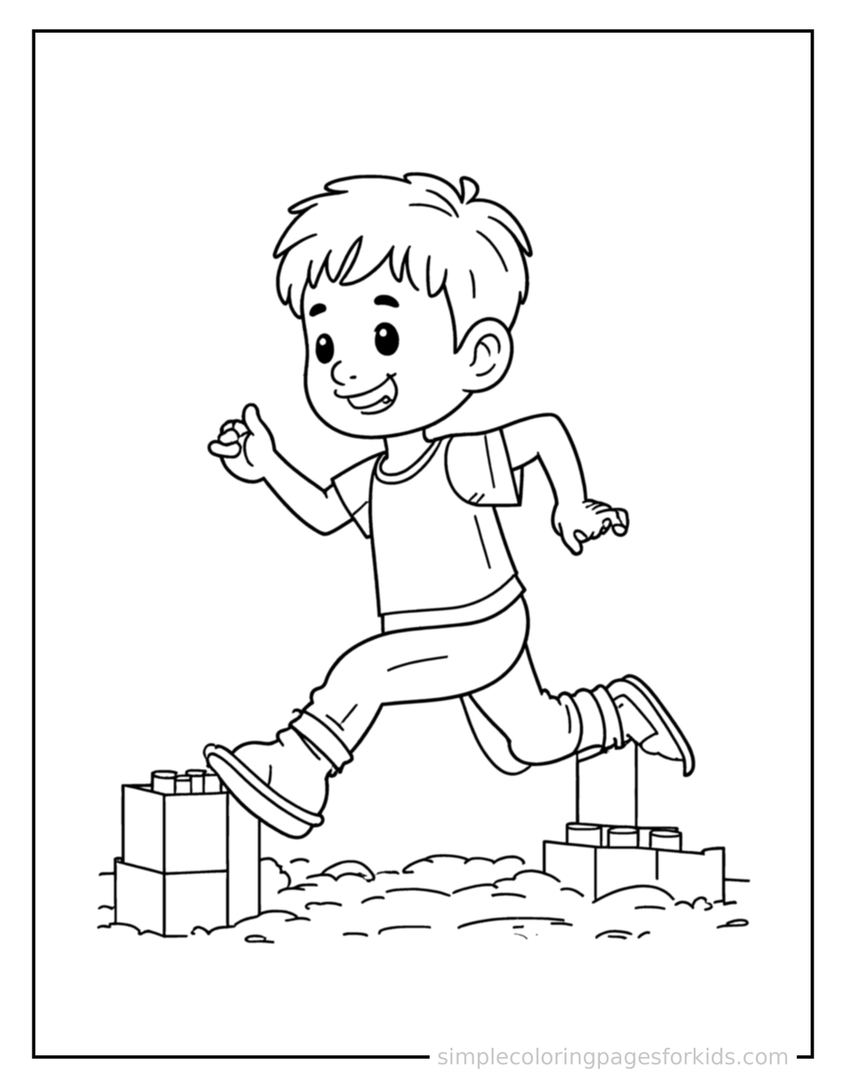 Running Kid Building With Blocks Coloring Page