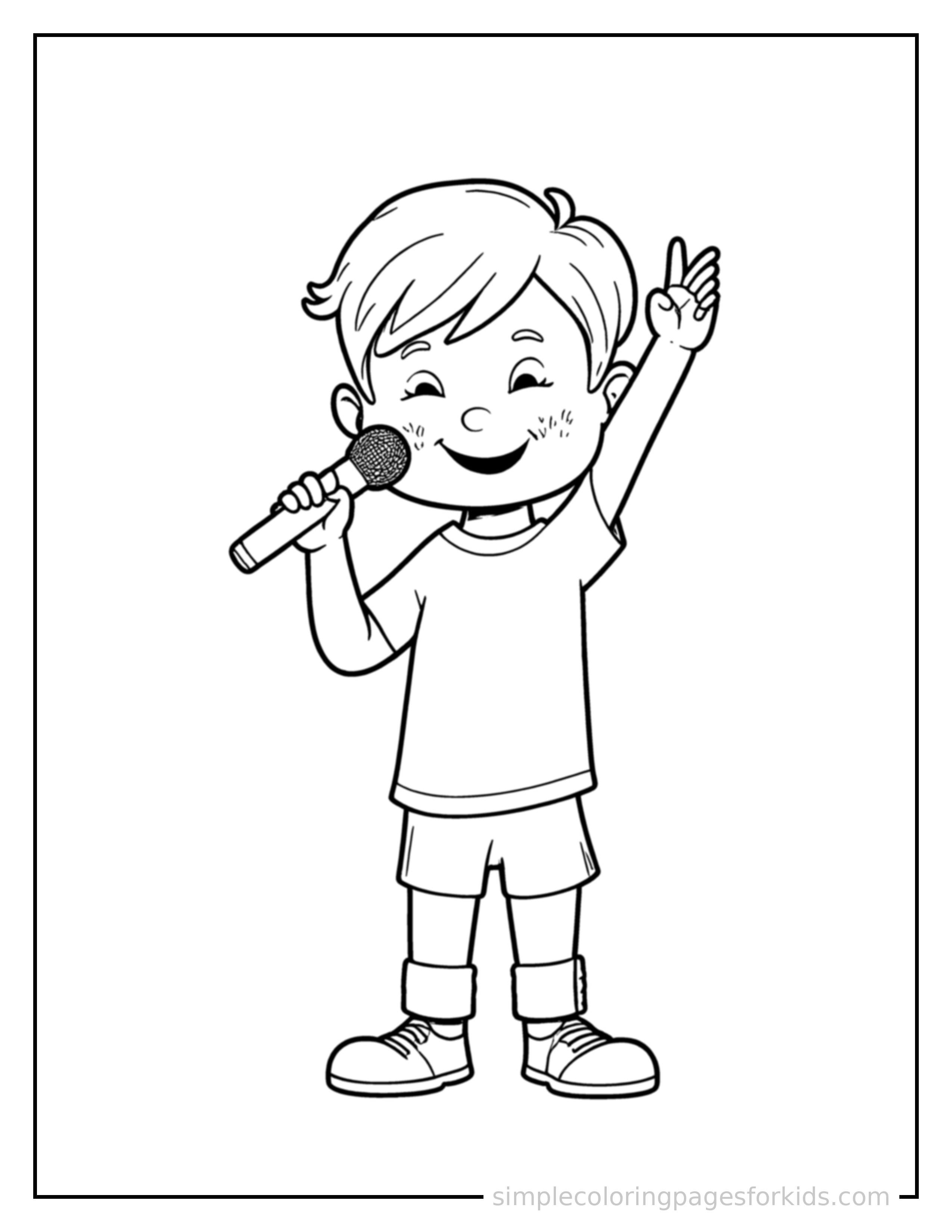 Free printable kid singing into a microphone coloring page featuring a cute kid singing into a microphone standing tall with a big cheerful grin, one hand raised in a wave, head tilted slightly.