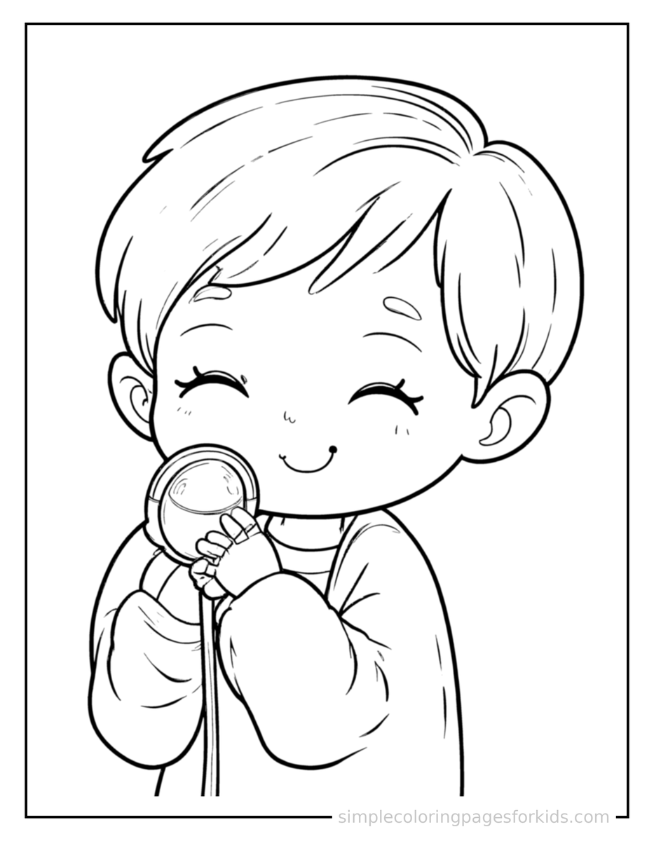 Sleepy Kid Singing Into A Microphone Coloring Page