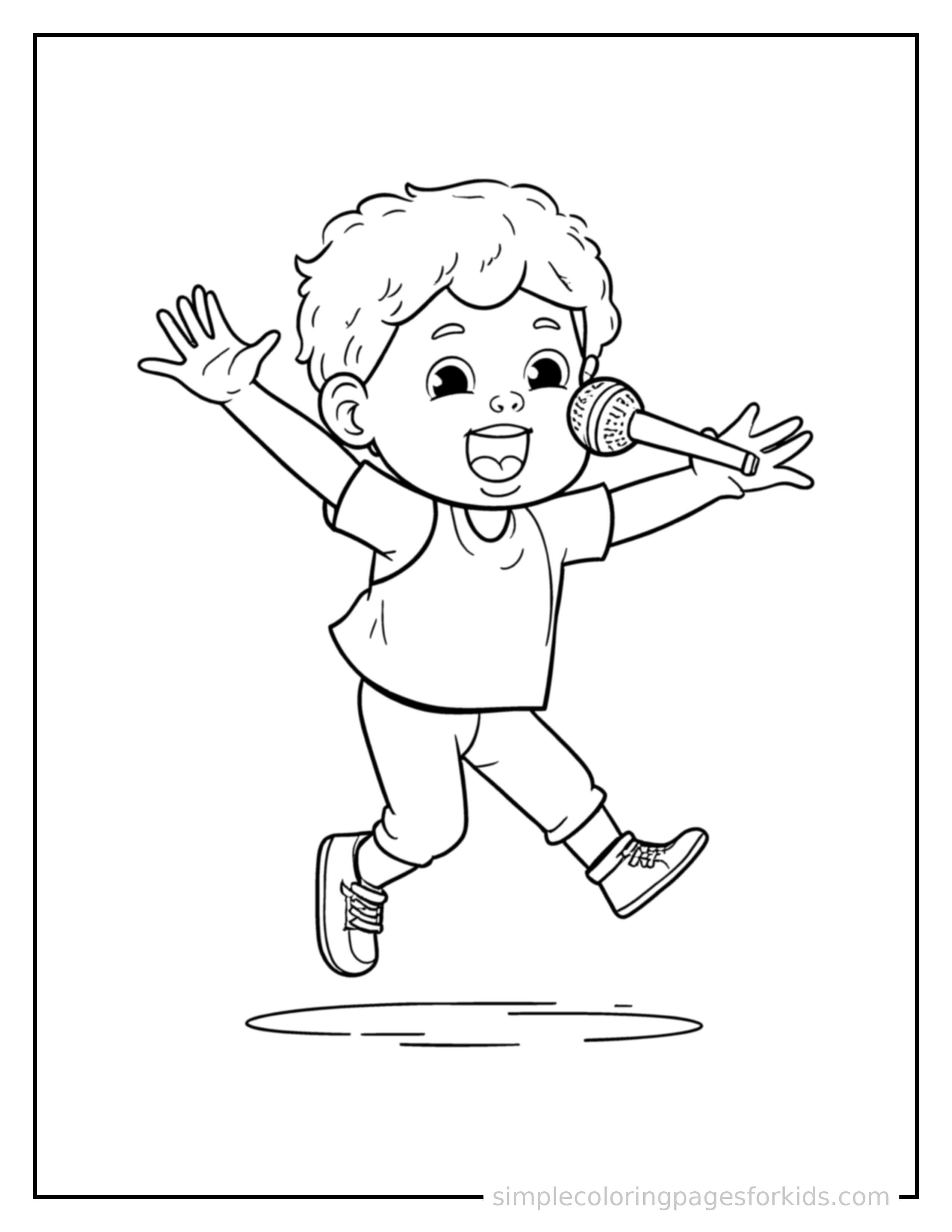 Free printable kid singing into a microphone coloring page featuring a cute kid singing into a microphone mid-jump with arms and legs stretched out playfully, mouth open with excitement.