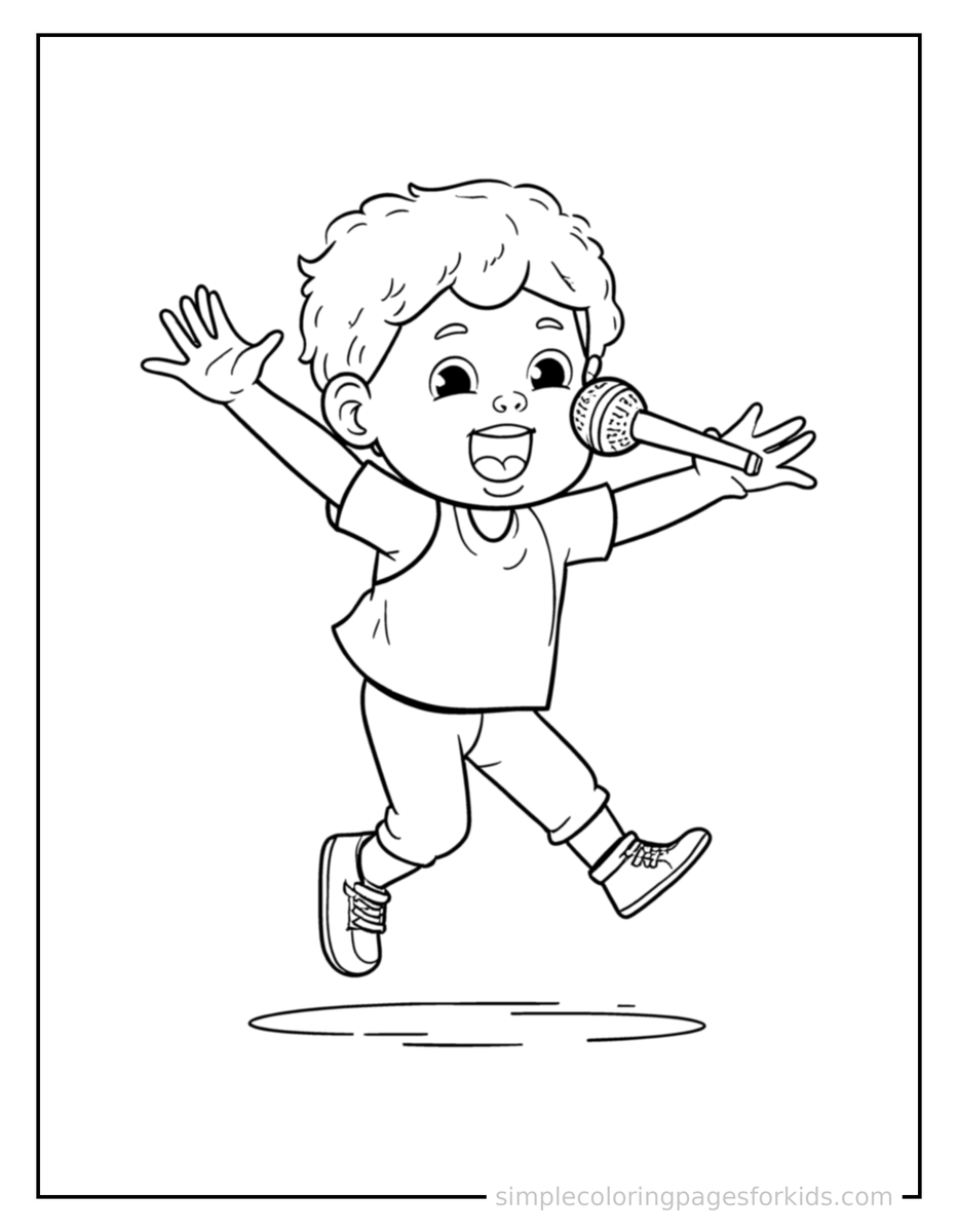 Jumping Kid Singing Into A Microphone Coloring Page