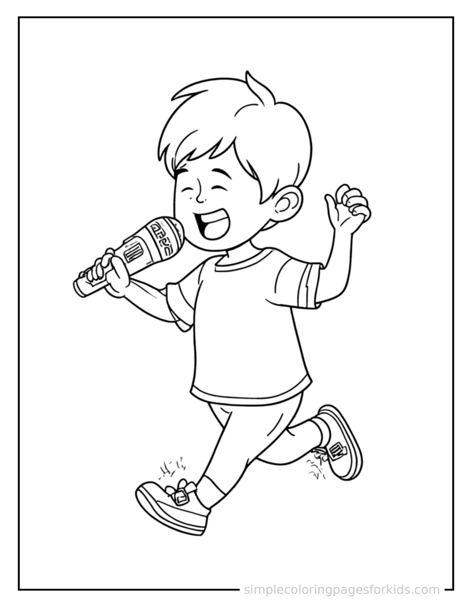Running Kid Singing Into A Microphone Coloring Page