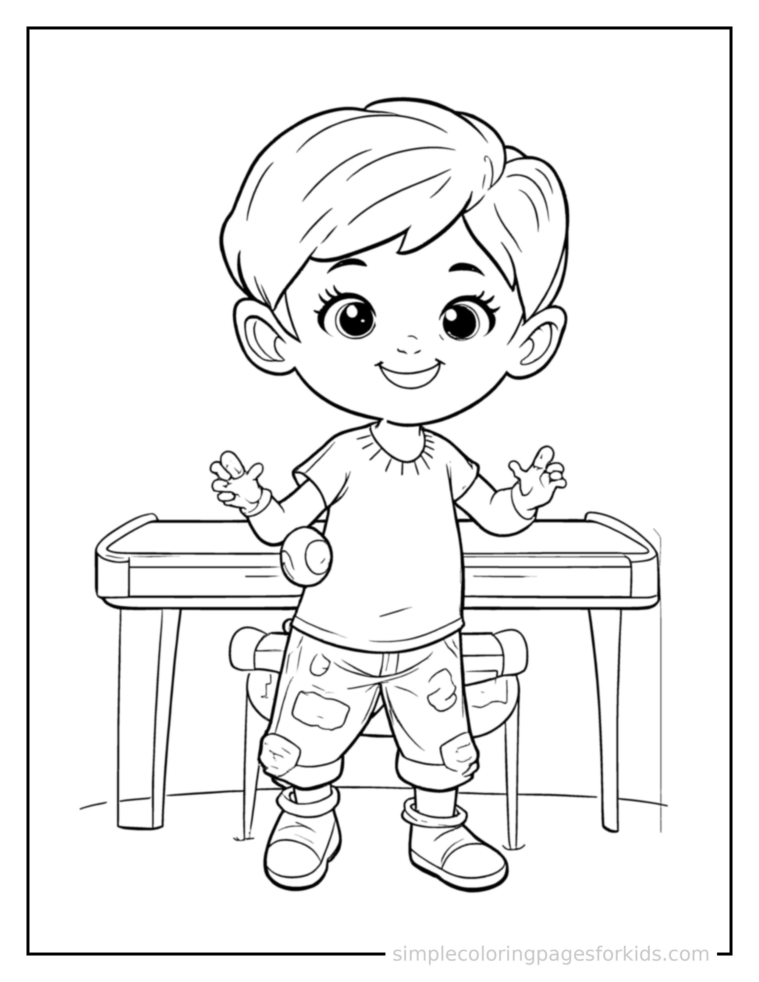 Free printable kid playing the piano coloring page featuring a cute kid playing the piano standing proudly with hands on hips, chest out, big sparkling happy eyes and open smile.