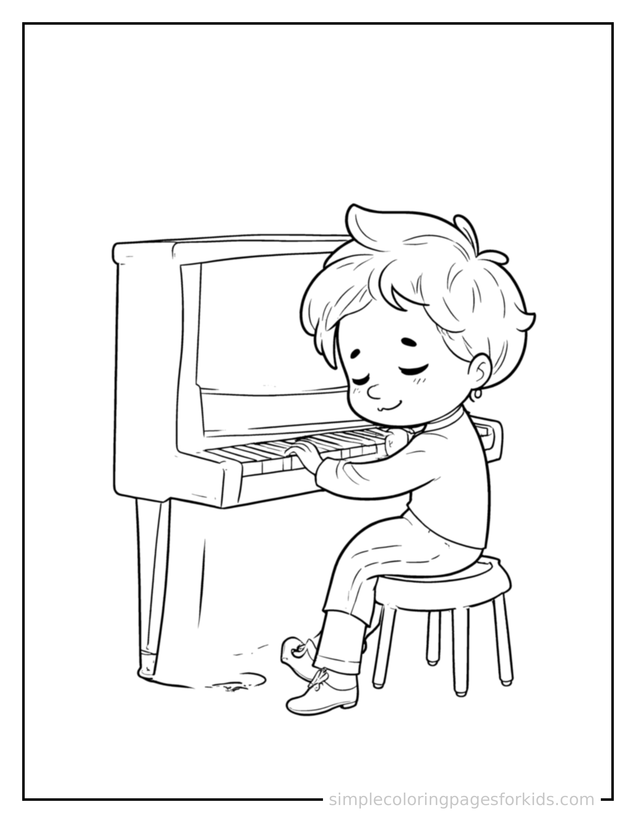Free printable kid playing the piano coloring page featuring a cute kid playing the piano curled up fast asleep, peaceful smile, one eye scrunched shut, hands tucked under the chin.
