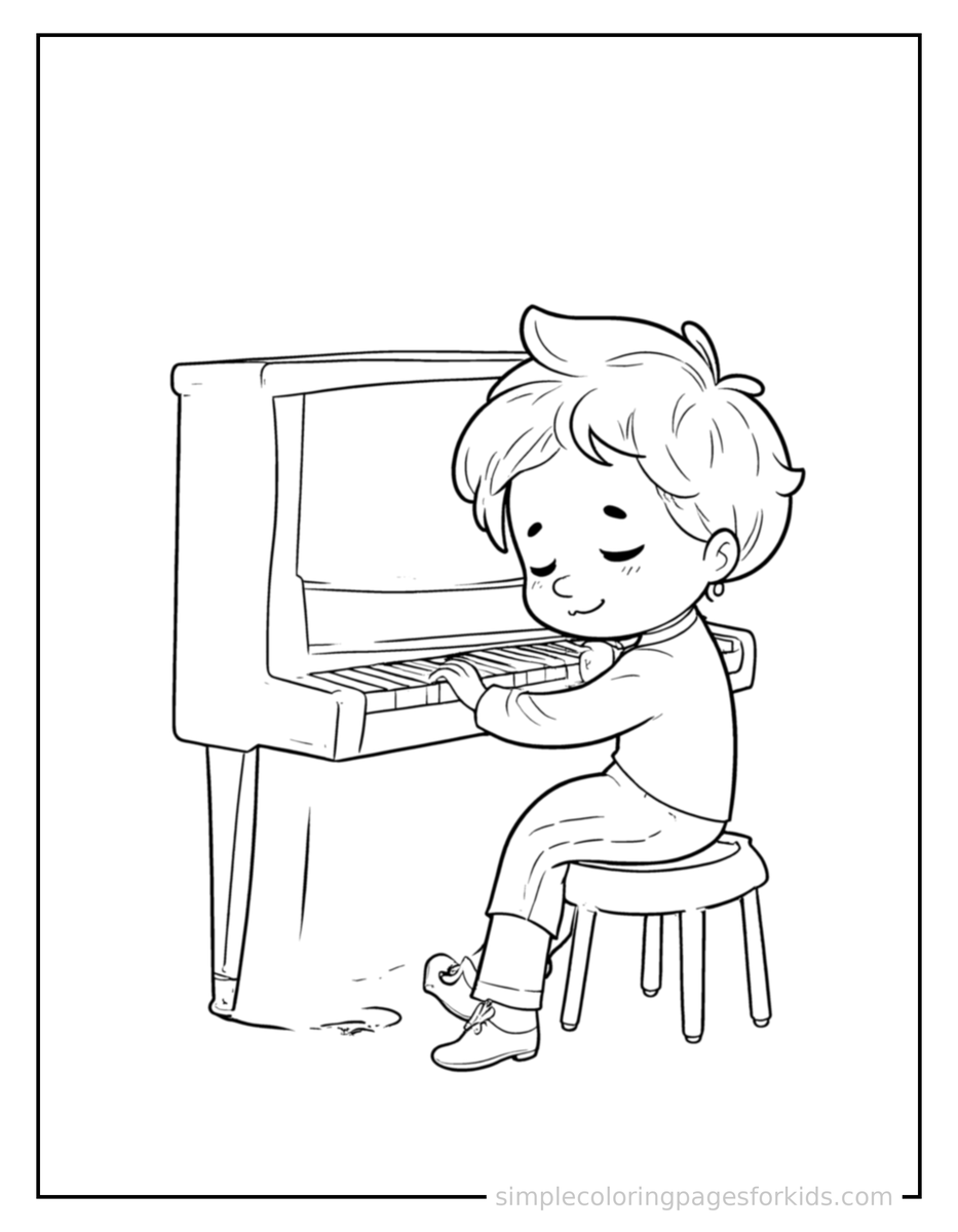 Sleepy Kid Playing The Piano Coloring Page