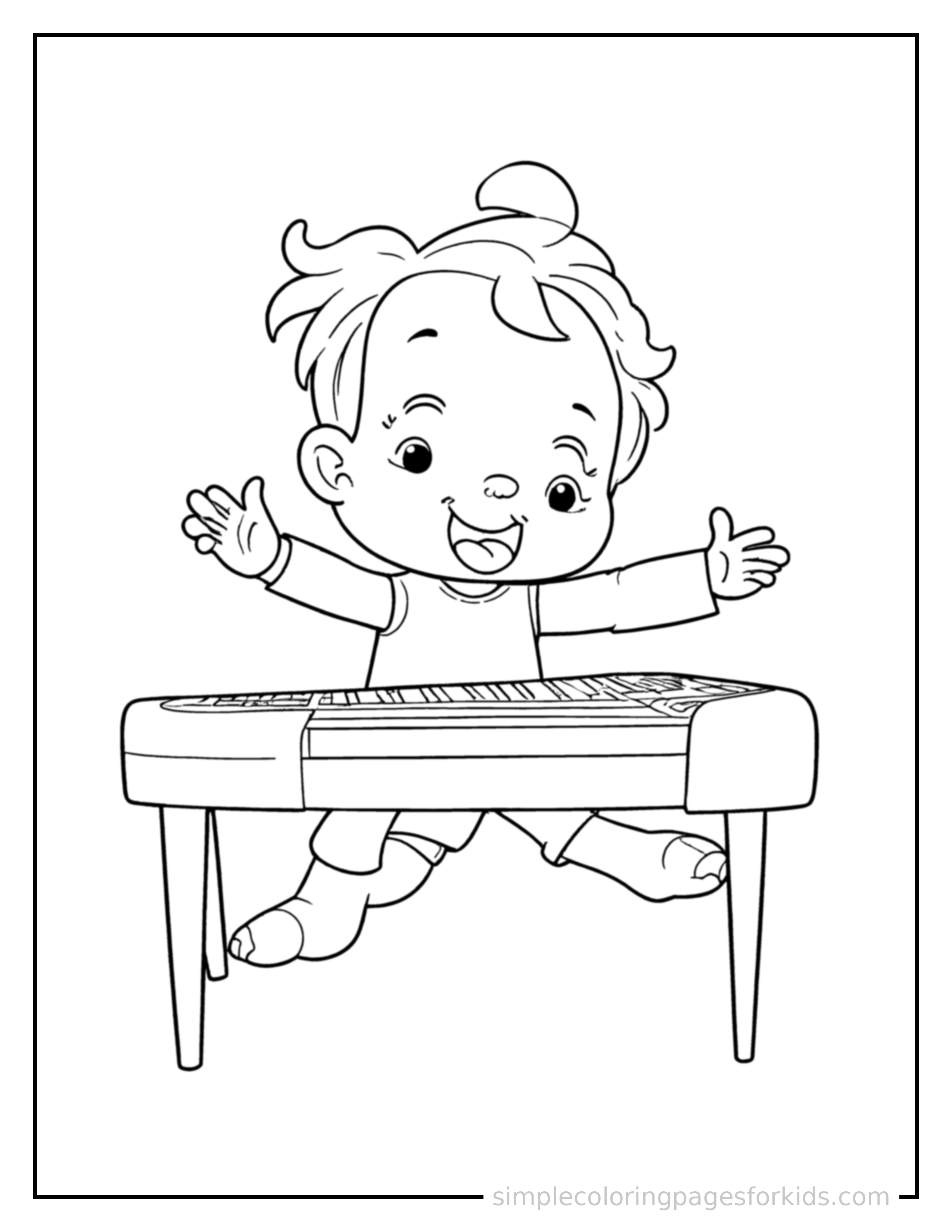 Free printable kid playing the piano coloring page featuring a cute kid playing the piano mid-jump with arms and legs stretched out playfully, mouth open with excitement.