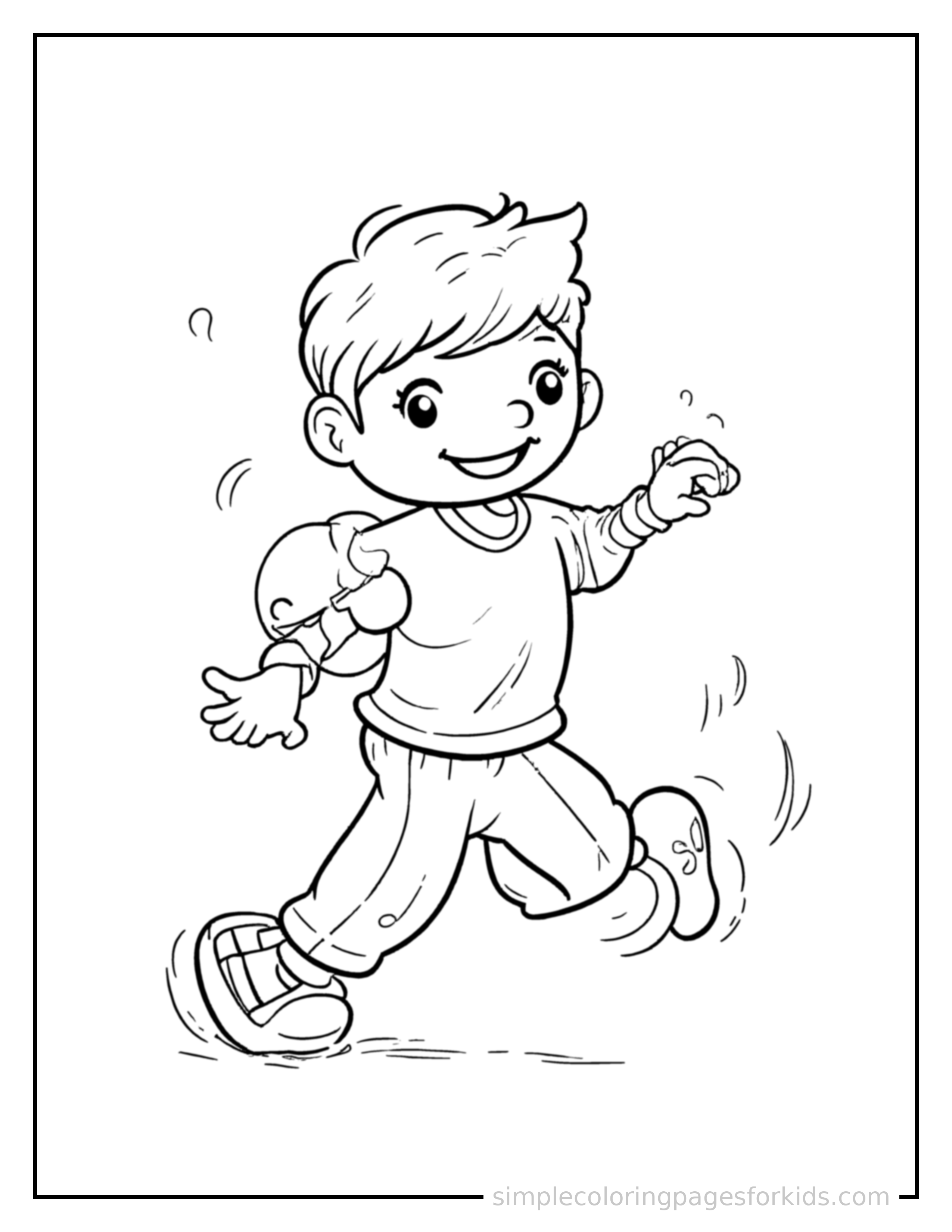 Free printable kid playing the piano coloring page featuring a cute kid playing the piano running forward at full speed, arms pumping, big happy grin.