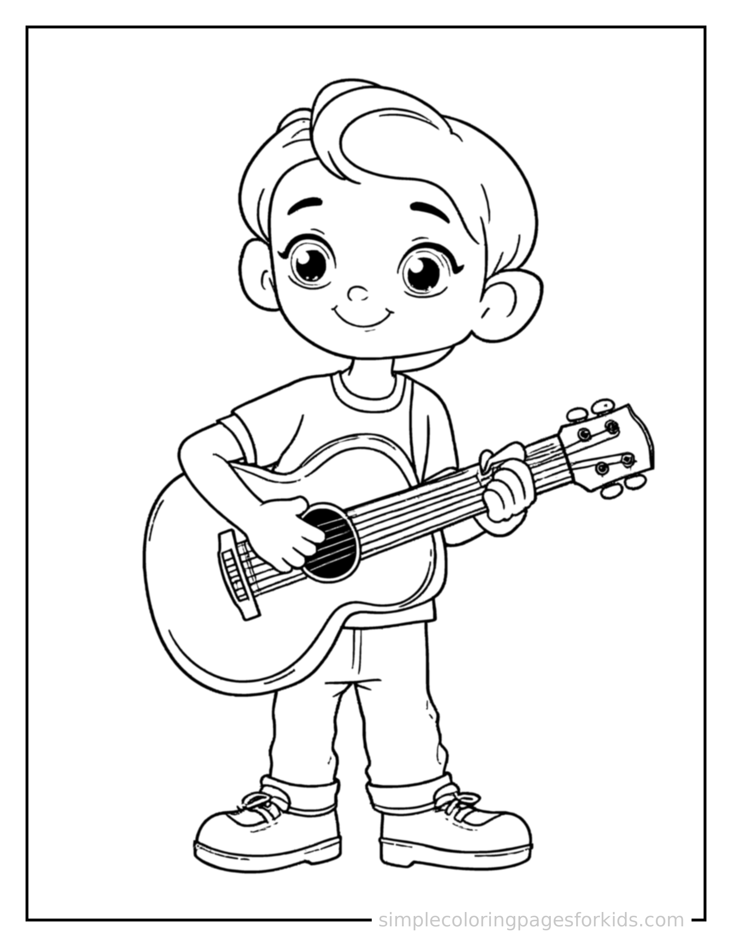 Free printable kid playing the guitar coloring page featuring a cute kid playing the guitar standing tall with a big cheerful grin, one hand raised in a wave, head tilted slightly.