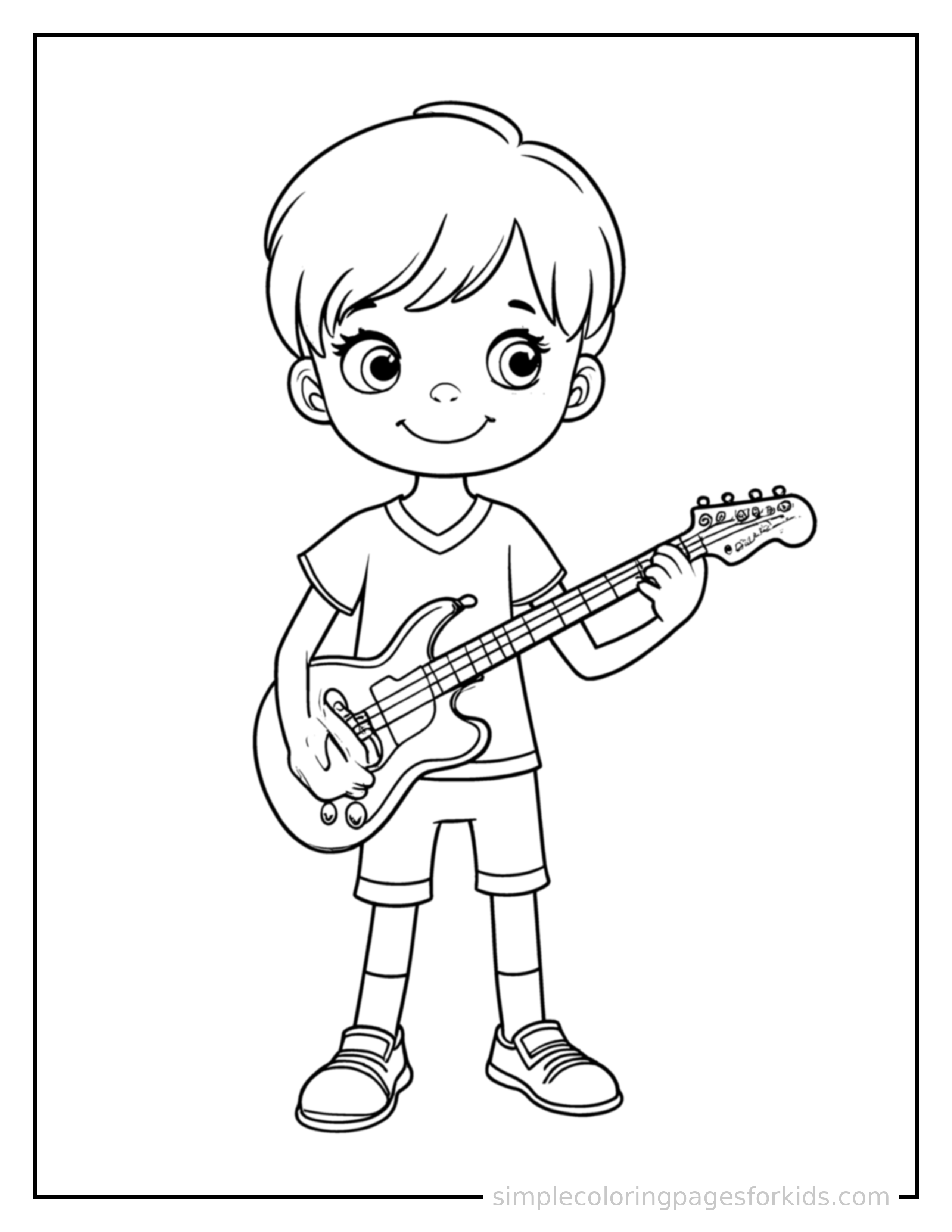 Free printable kid playing the guitar coloring page featuring a cute kid playing the guitar standing proudly with hands on hips, chest out, big sparkling happy eyes and open smile.