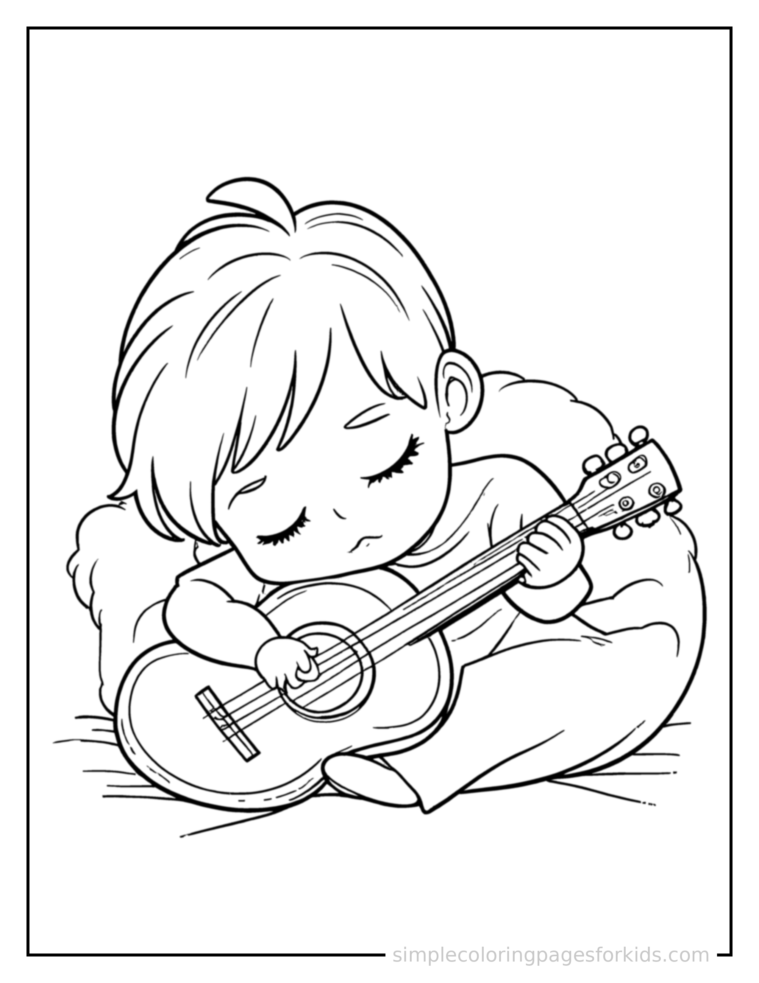 Free printable kid playing the guitar coloring page featuring a cute kid playing the guitar curled up fast asleep, peaceful smile, one eye scrunched shut, hands tucked under the chin.