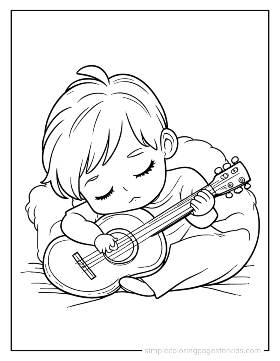 Sleepy Kid Playing The Guitar Coloring Page