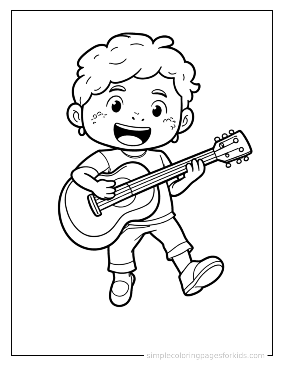 Jumping Kid Playing The Guitar Coloring Page