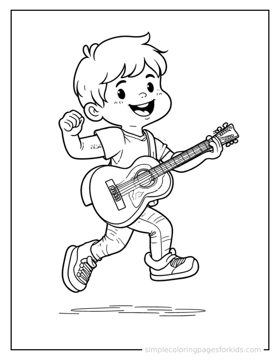 Running Kid Playing The Guitar Coloring Page