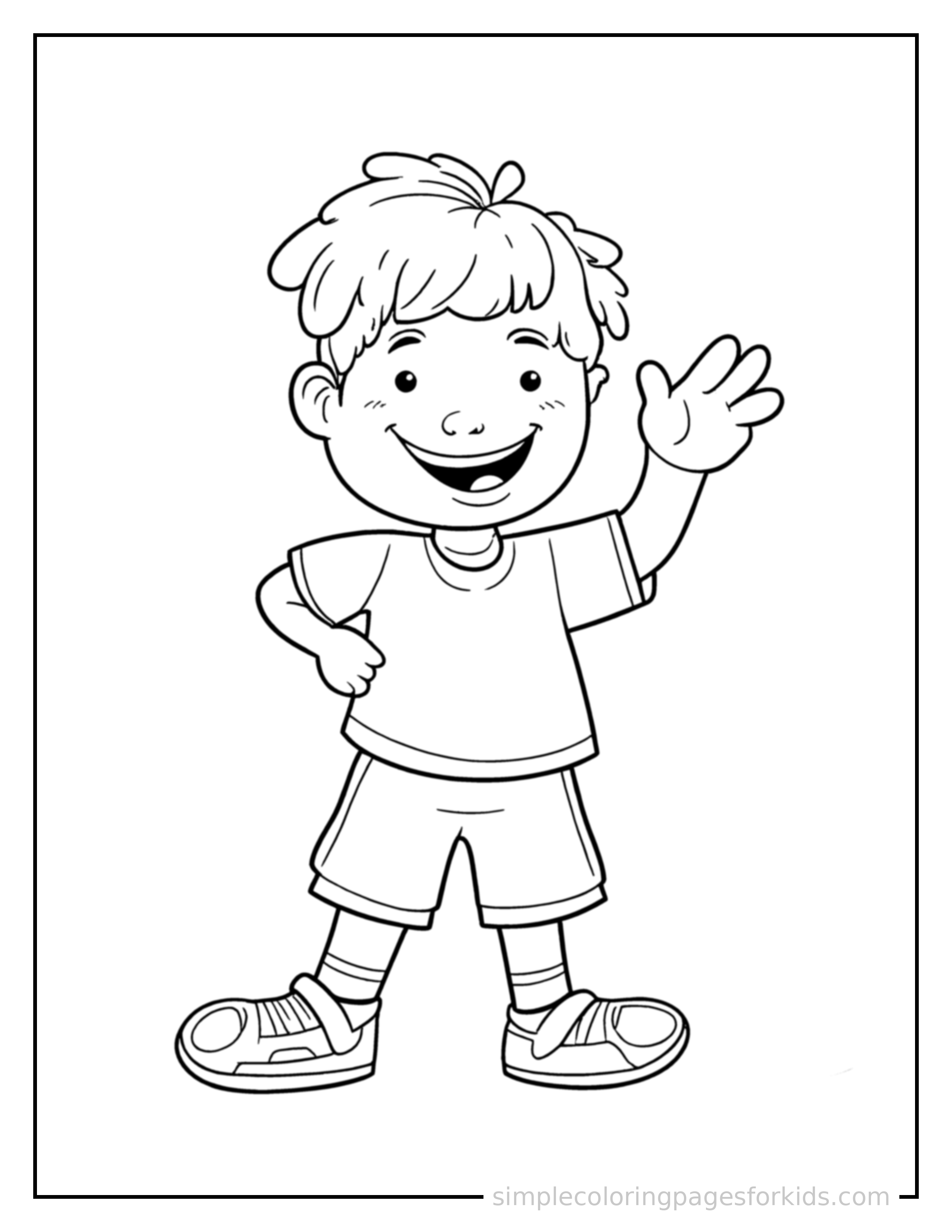 Free printable kid playing chess coloring page featuring a cute kid playing chess standing tall with a big cheerful grin, one hand raised in a wave, head tilted slightly.
