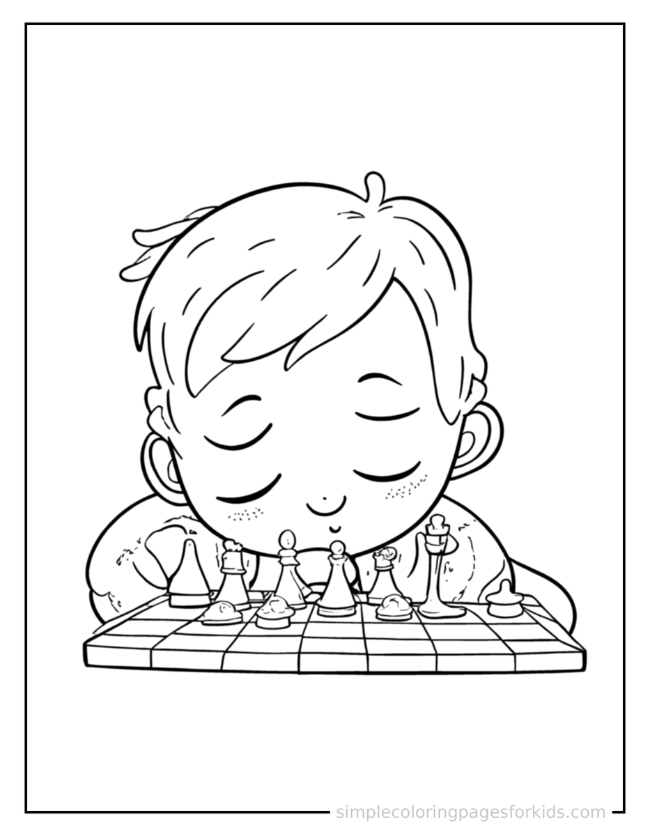 Sleepy Kid Playing Chess Coloring Page