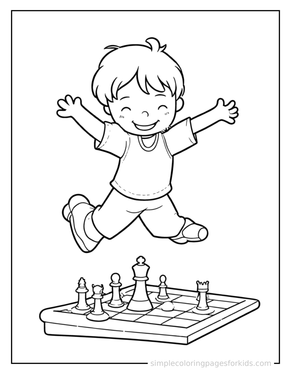 Jumping Kid Playing Chess Coloring Page