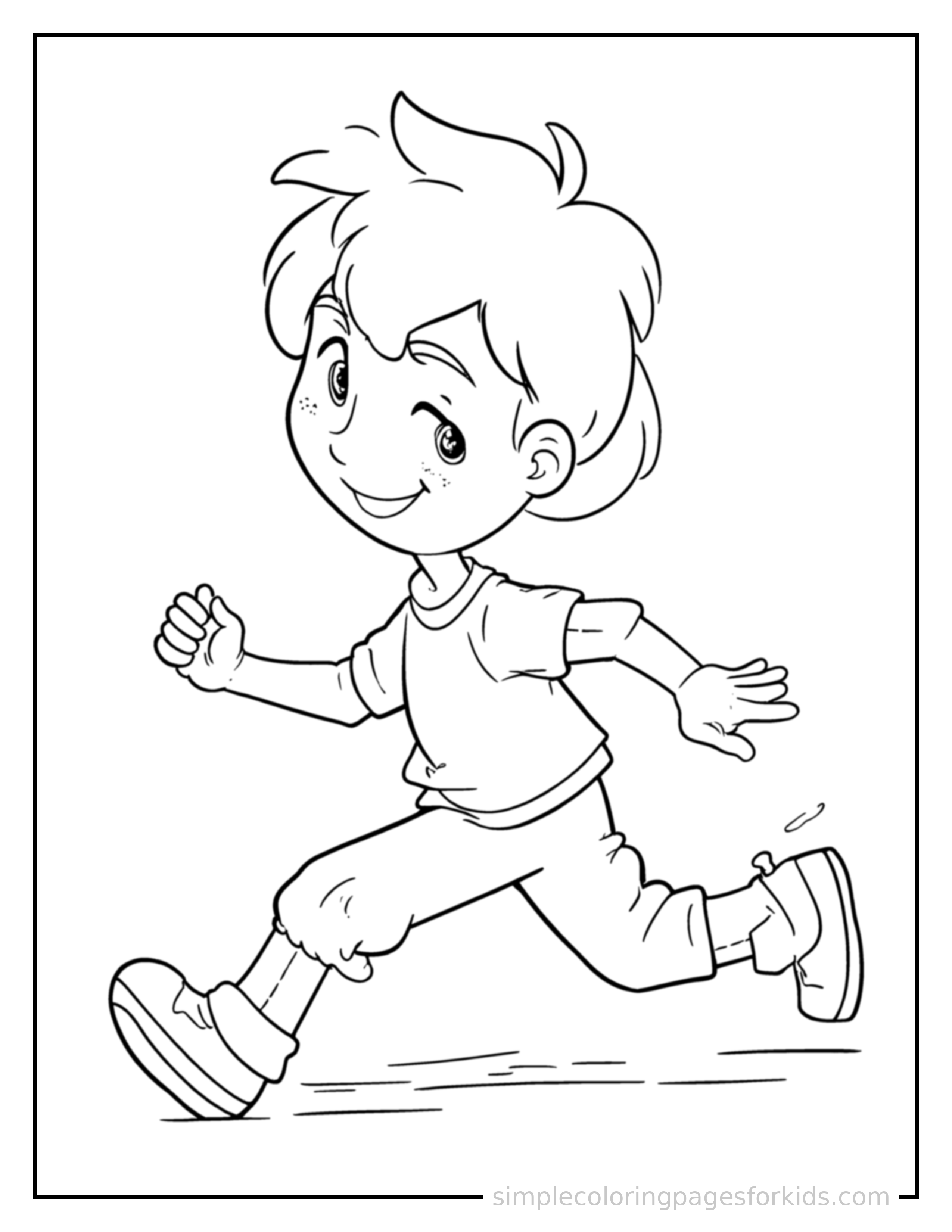 Free printable kid playing chess coloring page featuring a cute kid playing chess running forward at full speed, arms pumping, big happy grin.