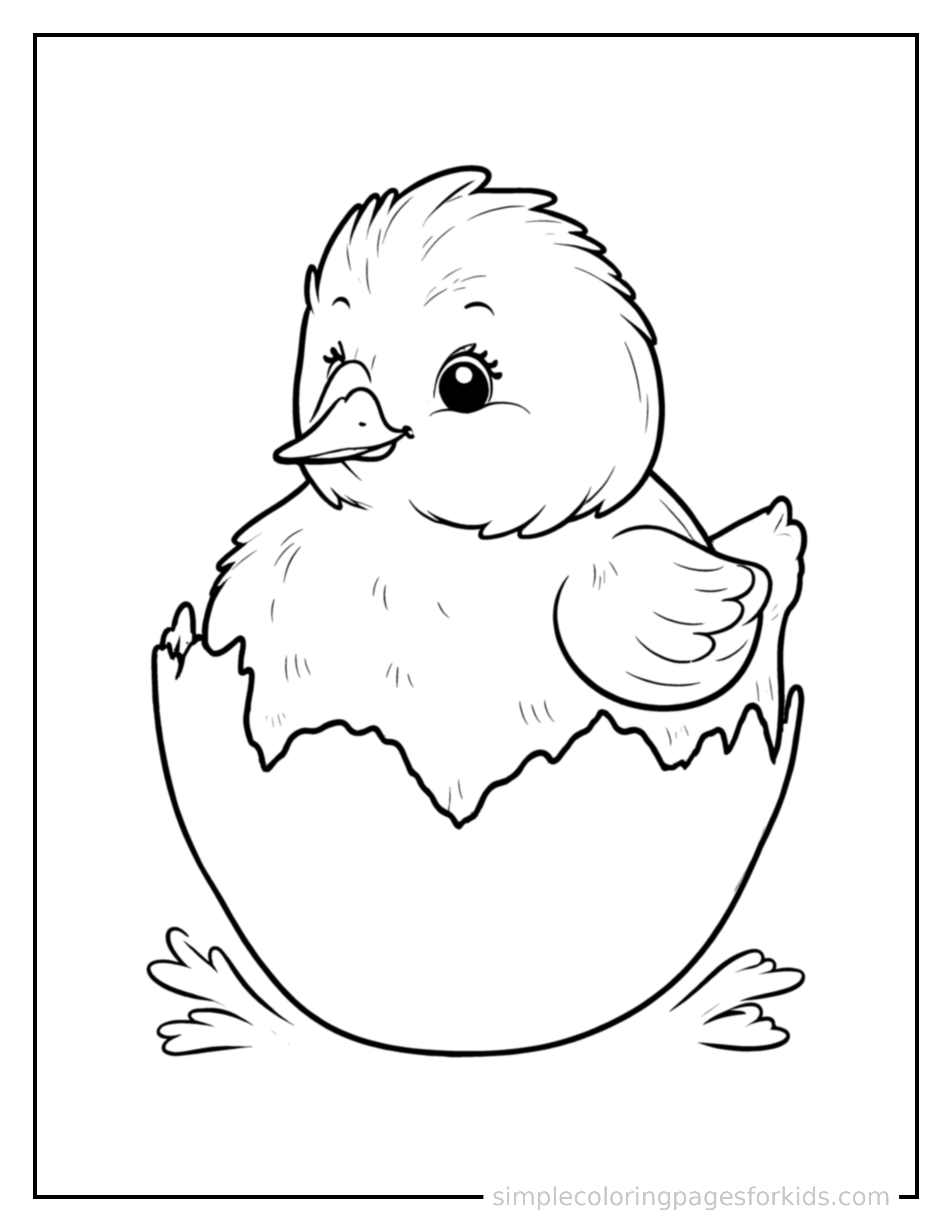 Free printable spring coloring page featuring a fluffy baby chick hatching from its egg.