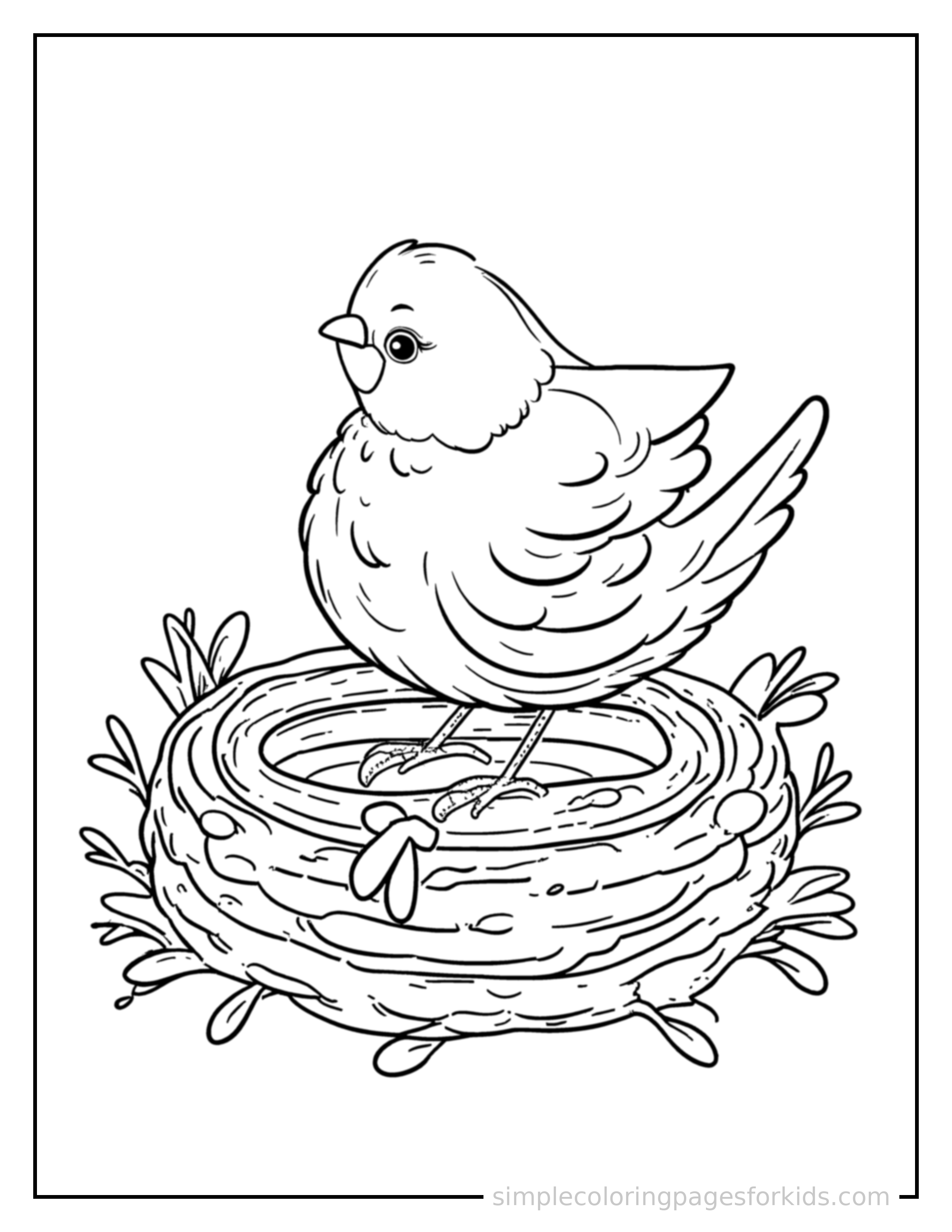Free printable spring coloring page featuring a bird building a nest with twigs.