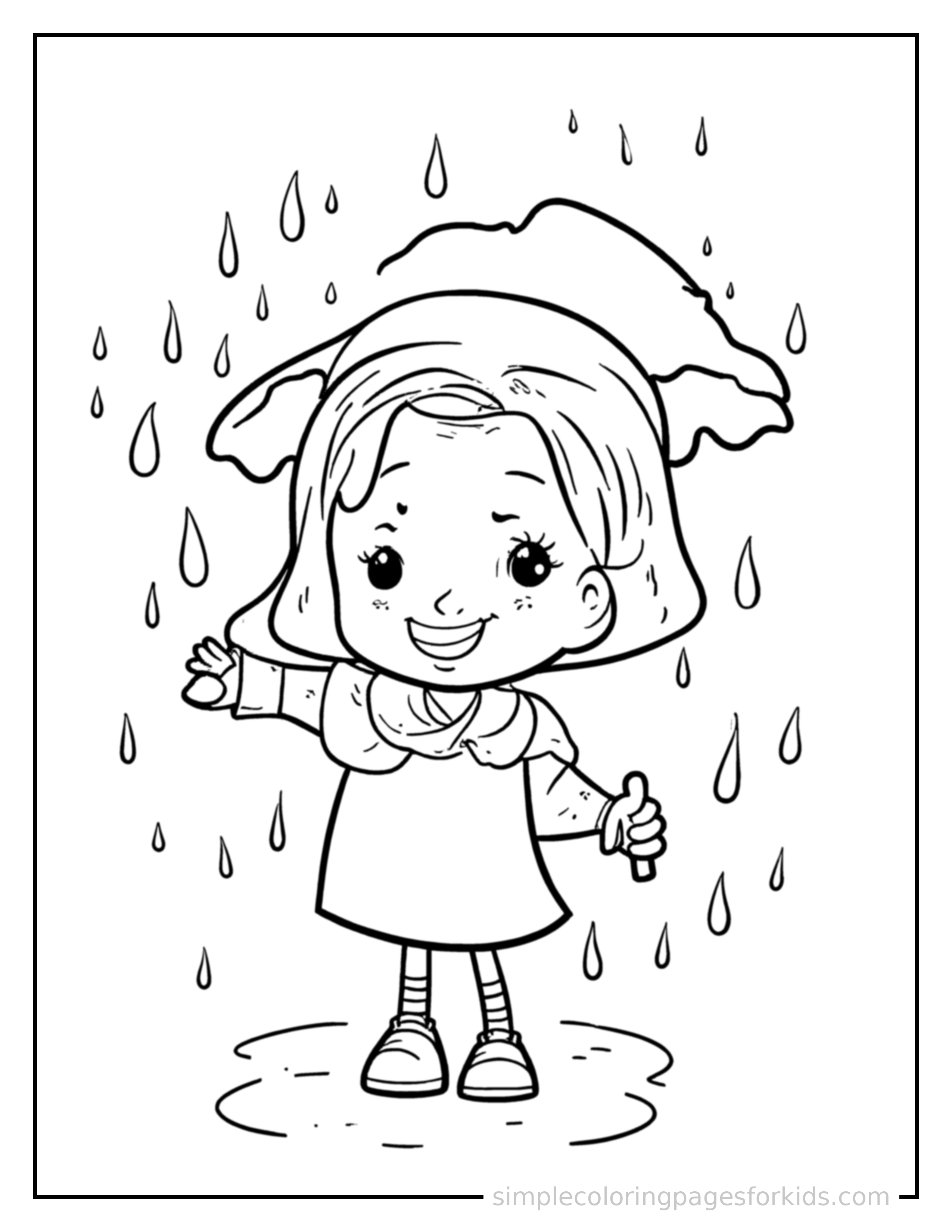 Free printable spring coloring page featuring a spring rain shower with a cute umbrella.