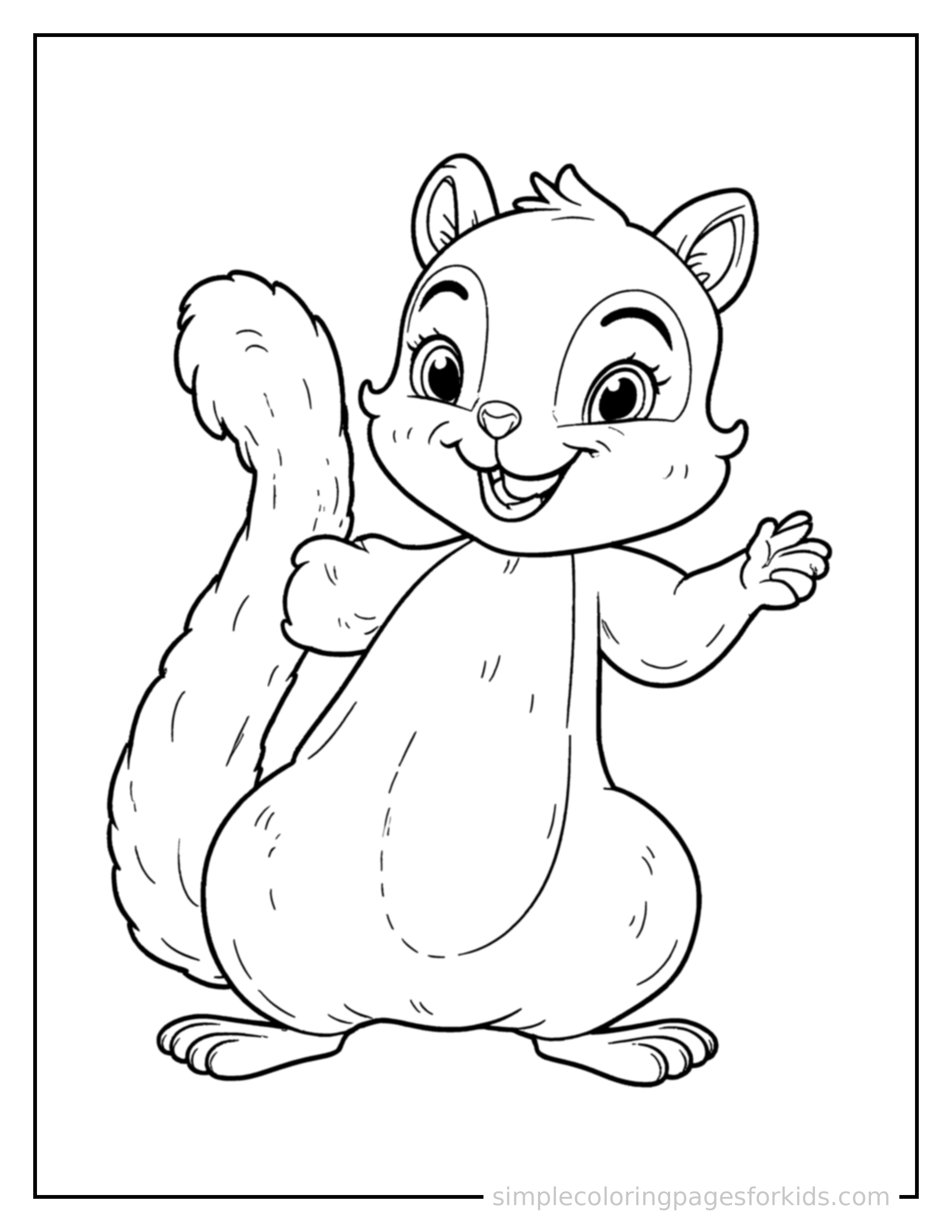 Free printable squirrel coloring page featuring a cute squirrel sitting up tall with a big cheerful grin, head tilted slightly, one paw raised in a wave.