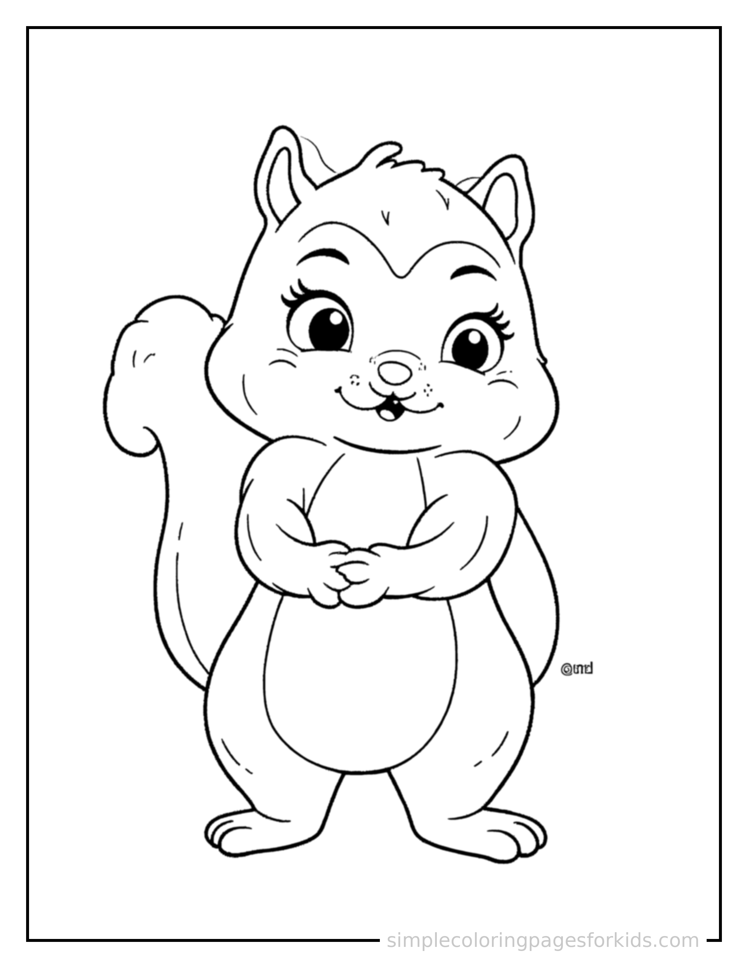Free printable squirrel coloring page featuring a cute squirrel standing proudly on all fours, chest puffed out, big sparkling happy eyes, mouth open in a joyful smile.