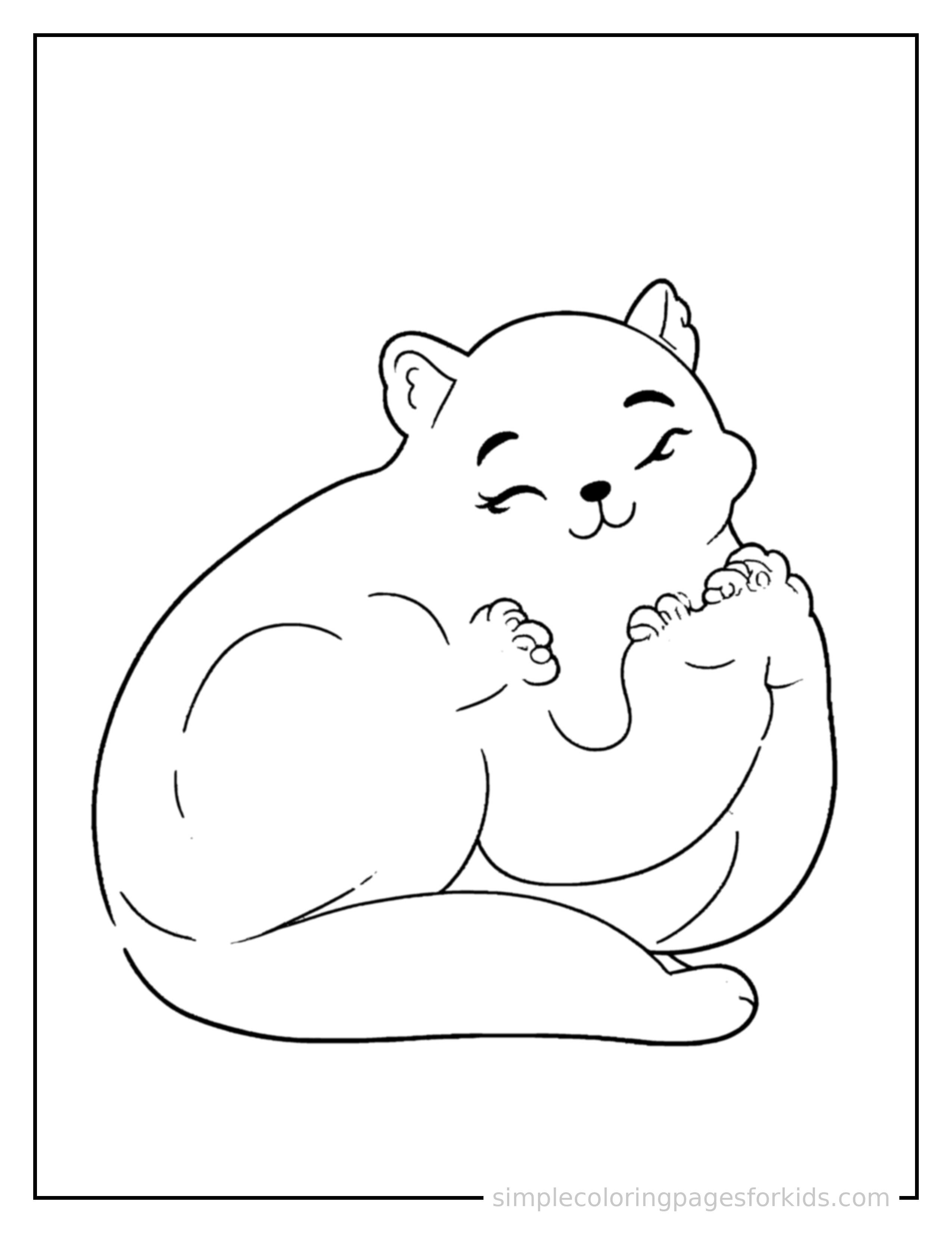 Free printable squirrel coloring page featuring a cute squirrel curled up fast asleep, peaceful smile, one eye scrunched shut, paws tucked under its chin.