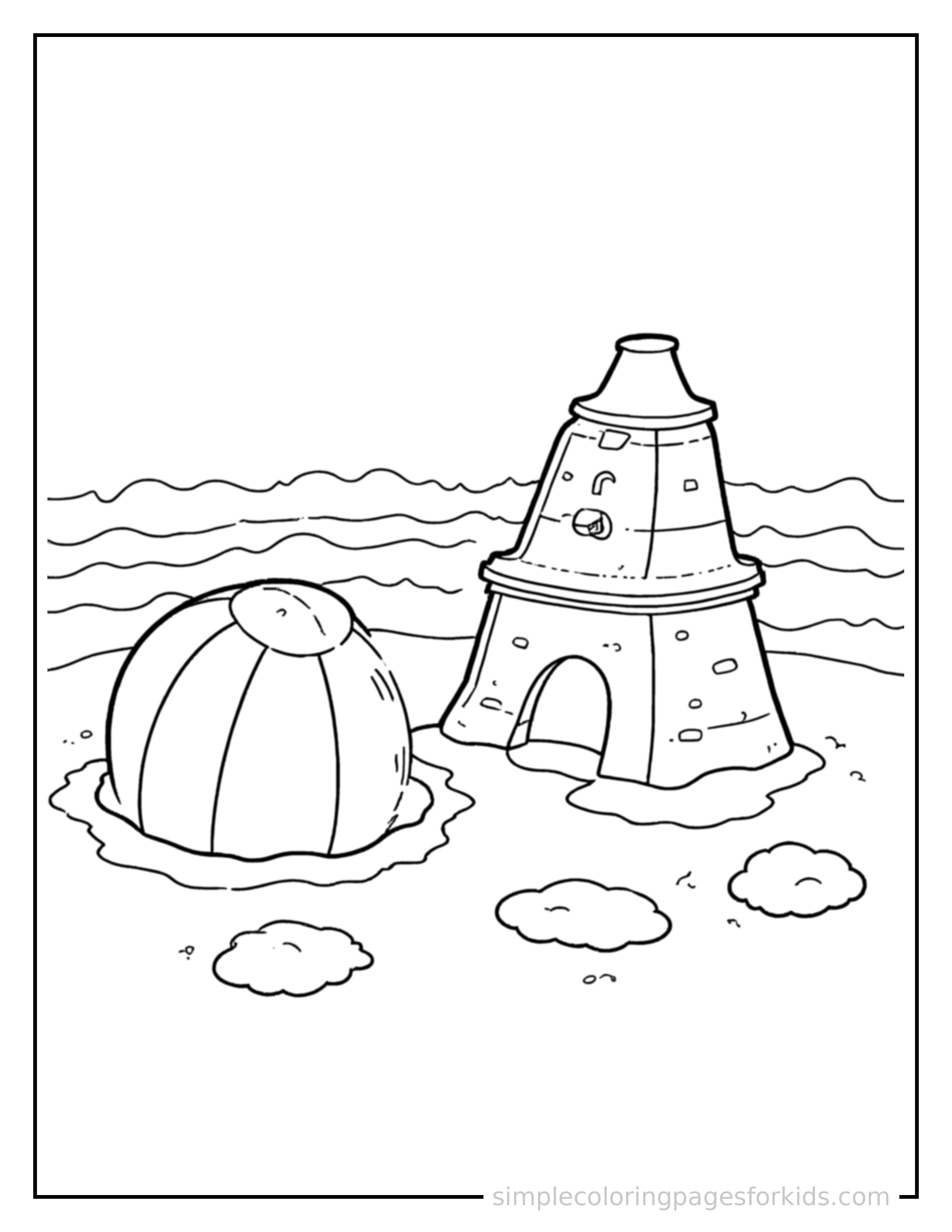 Free printable summer coloring page featuring a beach ball beside a sandcastle.