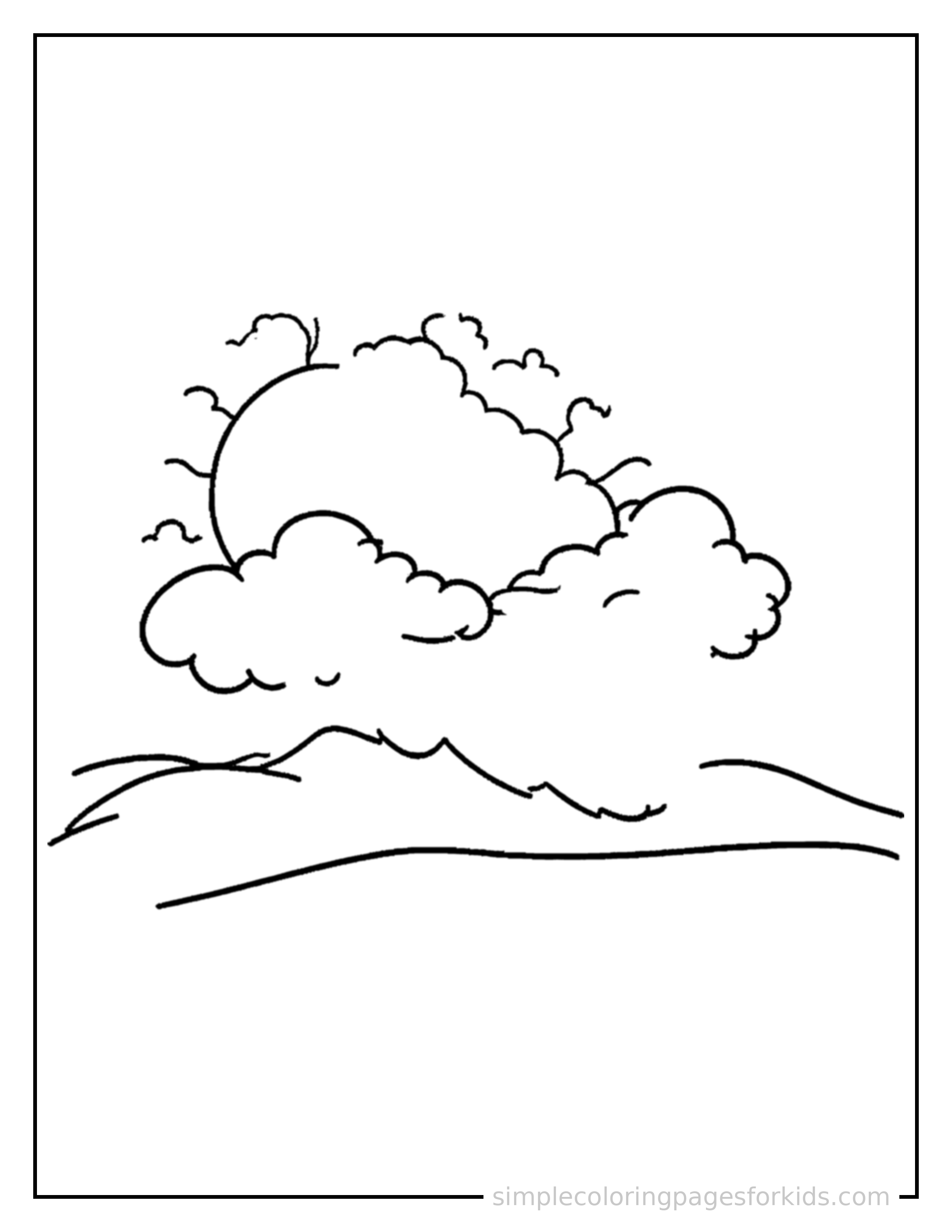 Free printable sun & clouds coloring page featuring a sun peeking out from behind a cloud.