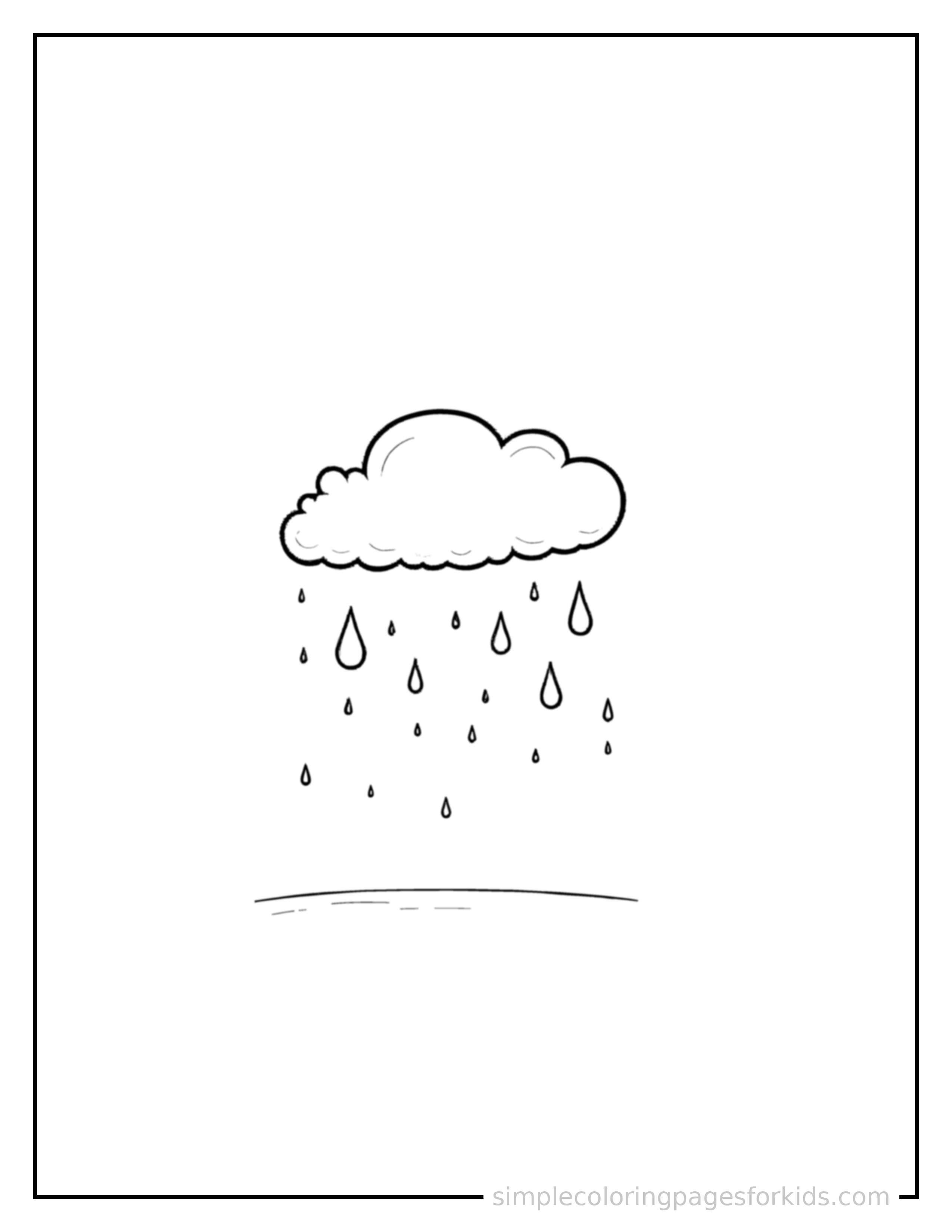 Free printable sun & clouds coloring page featuring a rain cloud with cute raindrops falling.