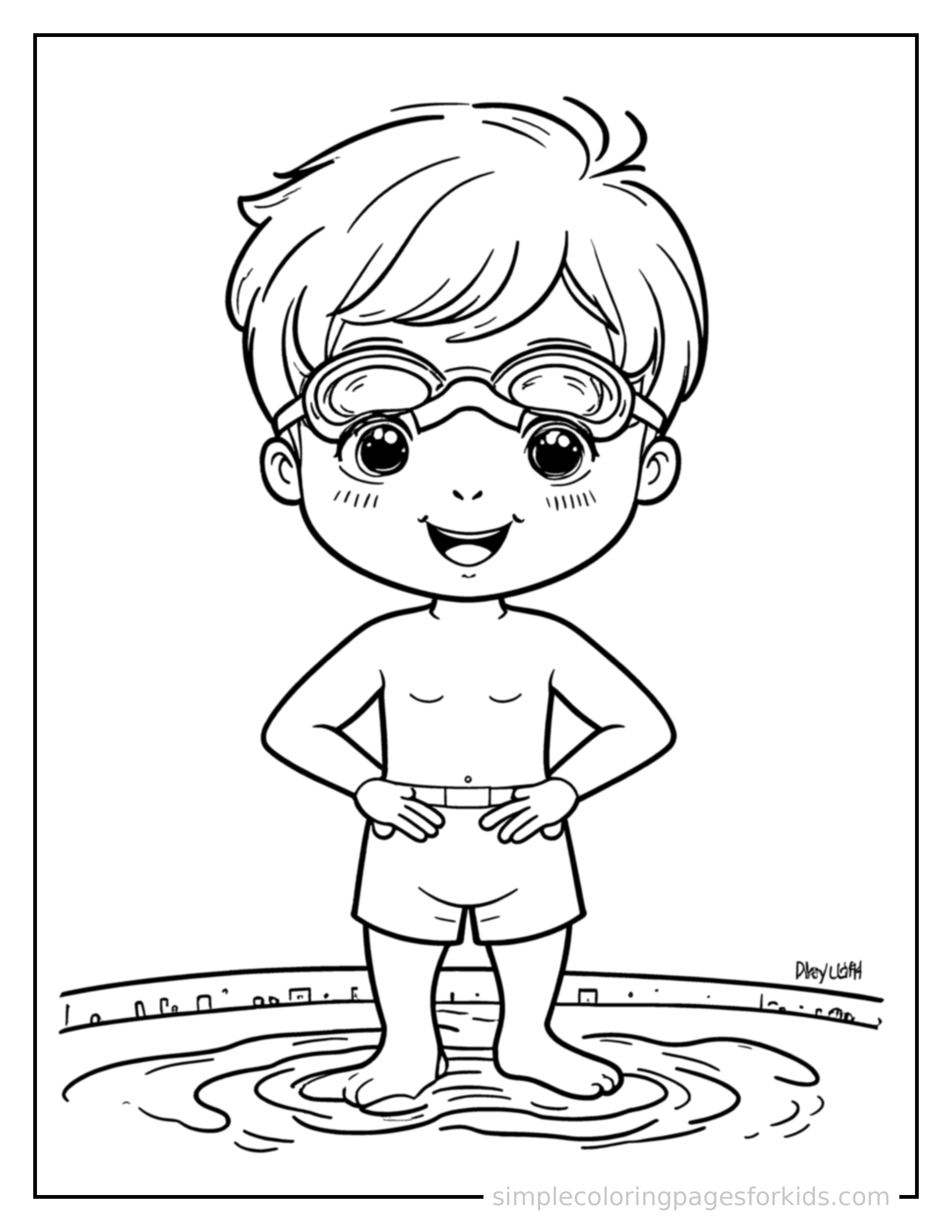 Free printable swimming coloring page featuring a cute kid wearing swim goggles at a swimming pool standing proudly with hands on hips, chest out, big sparkling happy eyes and open smile.