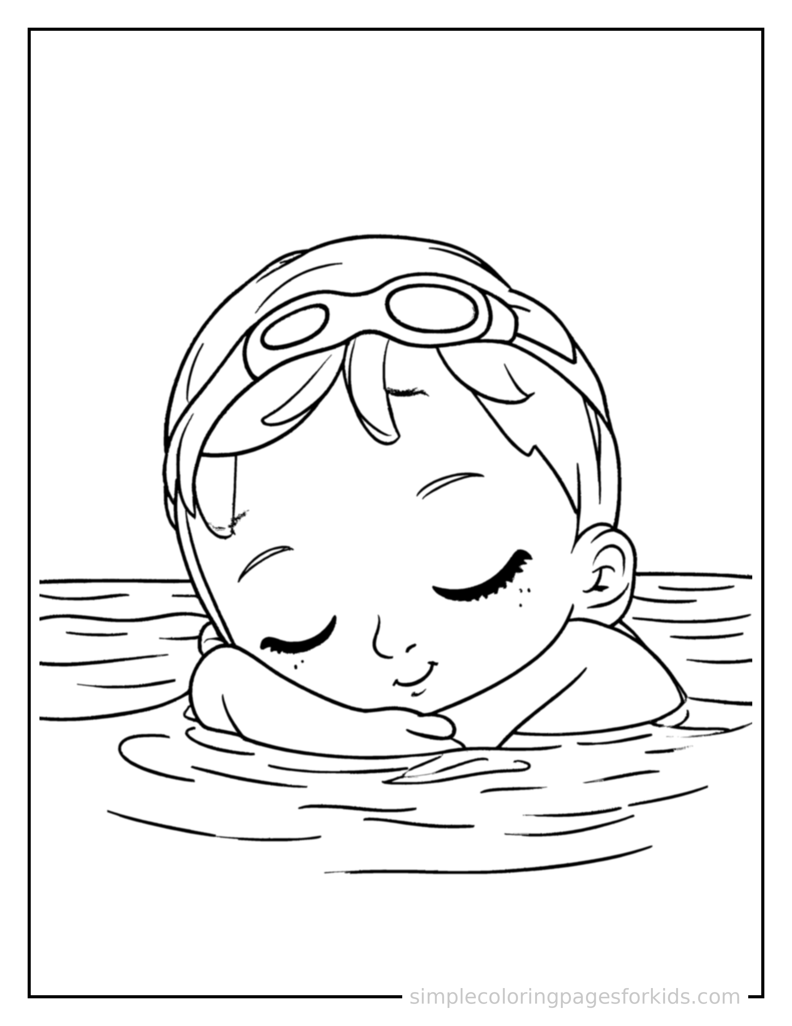 Free printable swimming coloring page featuring a cute kid wearing swim goggles at a swimming pool curled up fast asleep, peaceful smile, one eye scrunched shut, hands tucked under the chin.