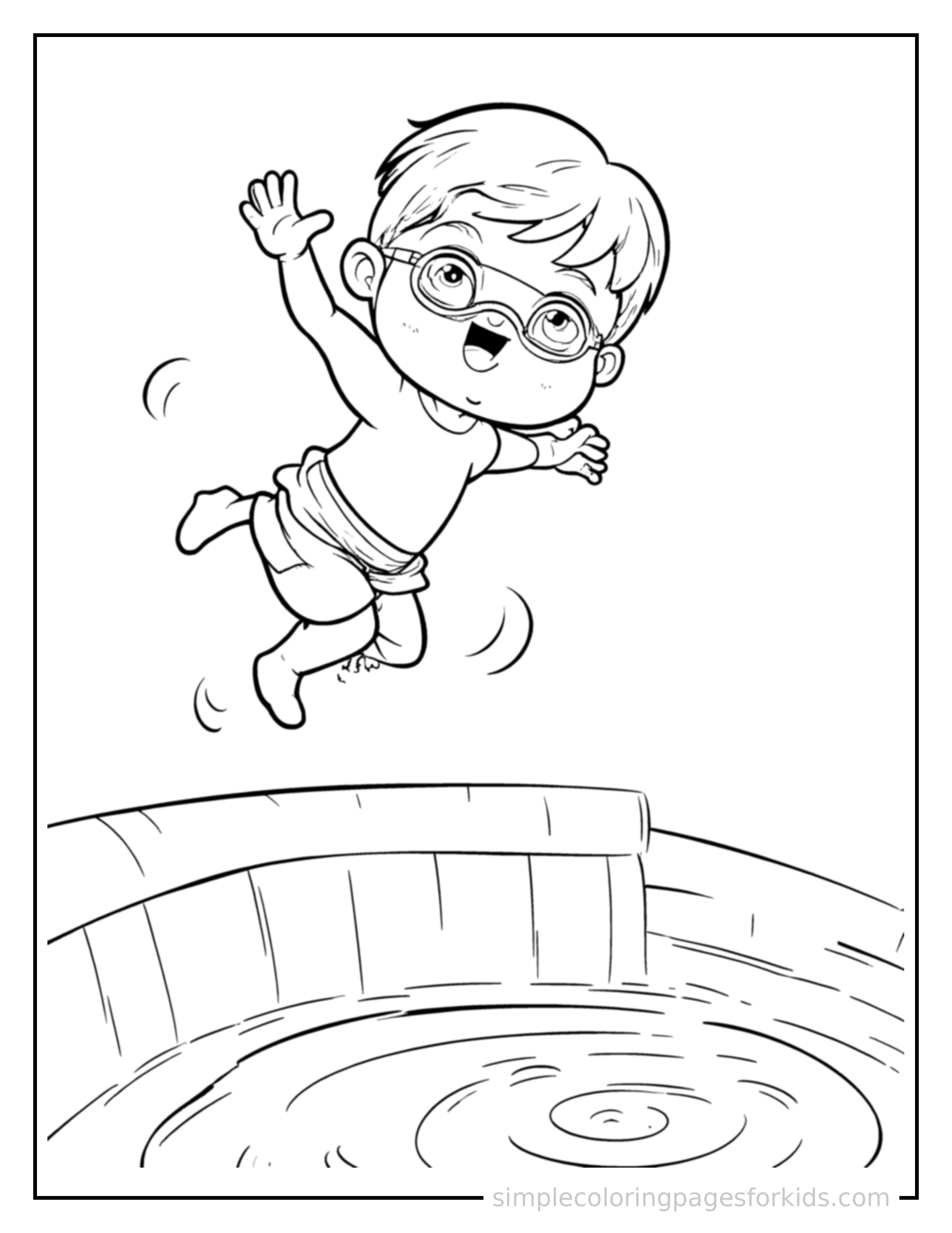 Free printable swimming coloring page featuring a cute kid wearing swim goggles at a swimming pool mid-jump with arms and legs stretched out playfully, mouth open with excitement.