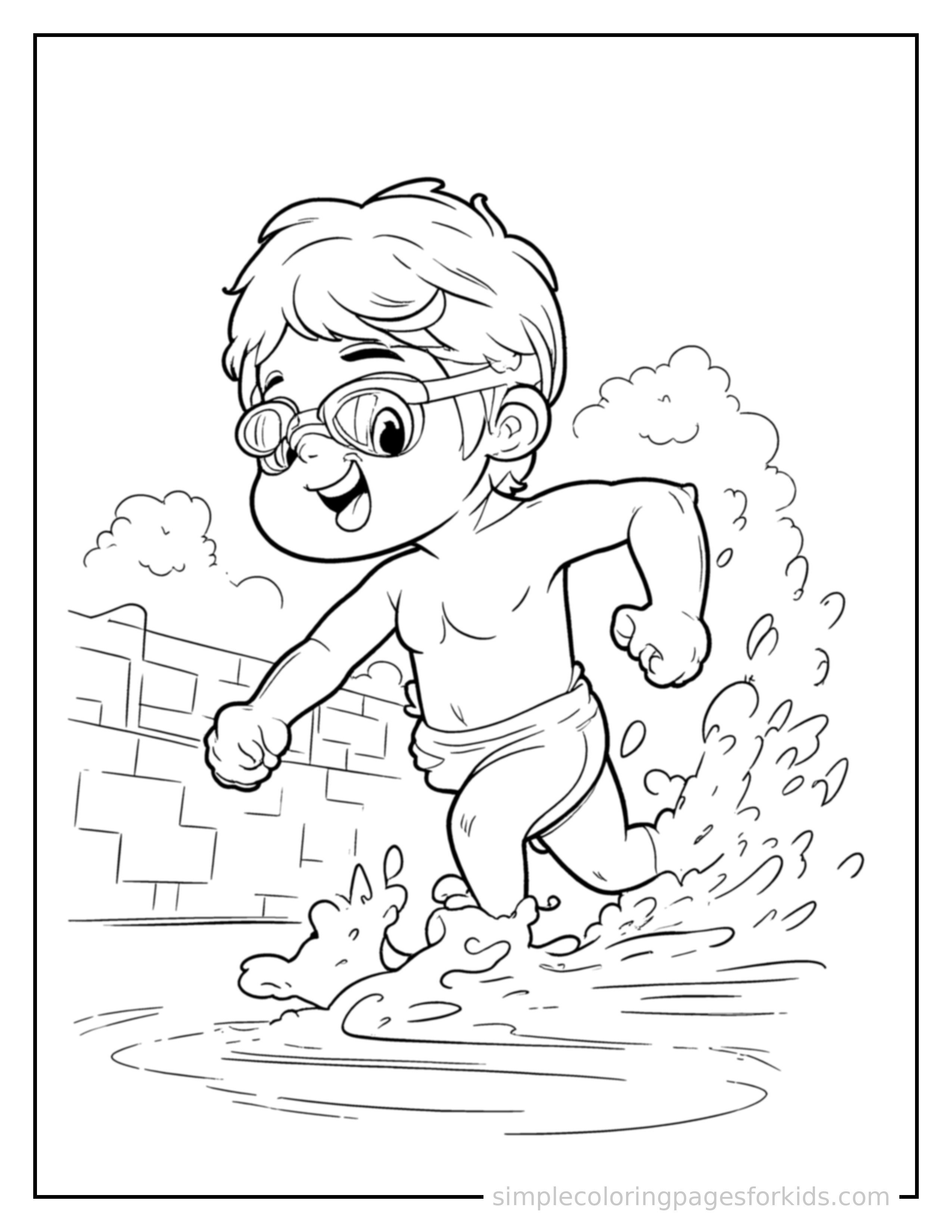 Free printable swimming coloring page featuring a cute kid wearing swim goggles at a swimming pool running forward at full speed, arms pumping, big happy grin.