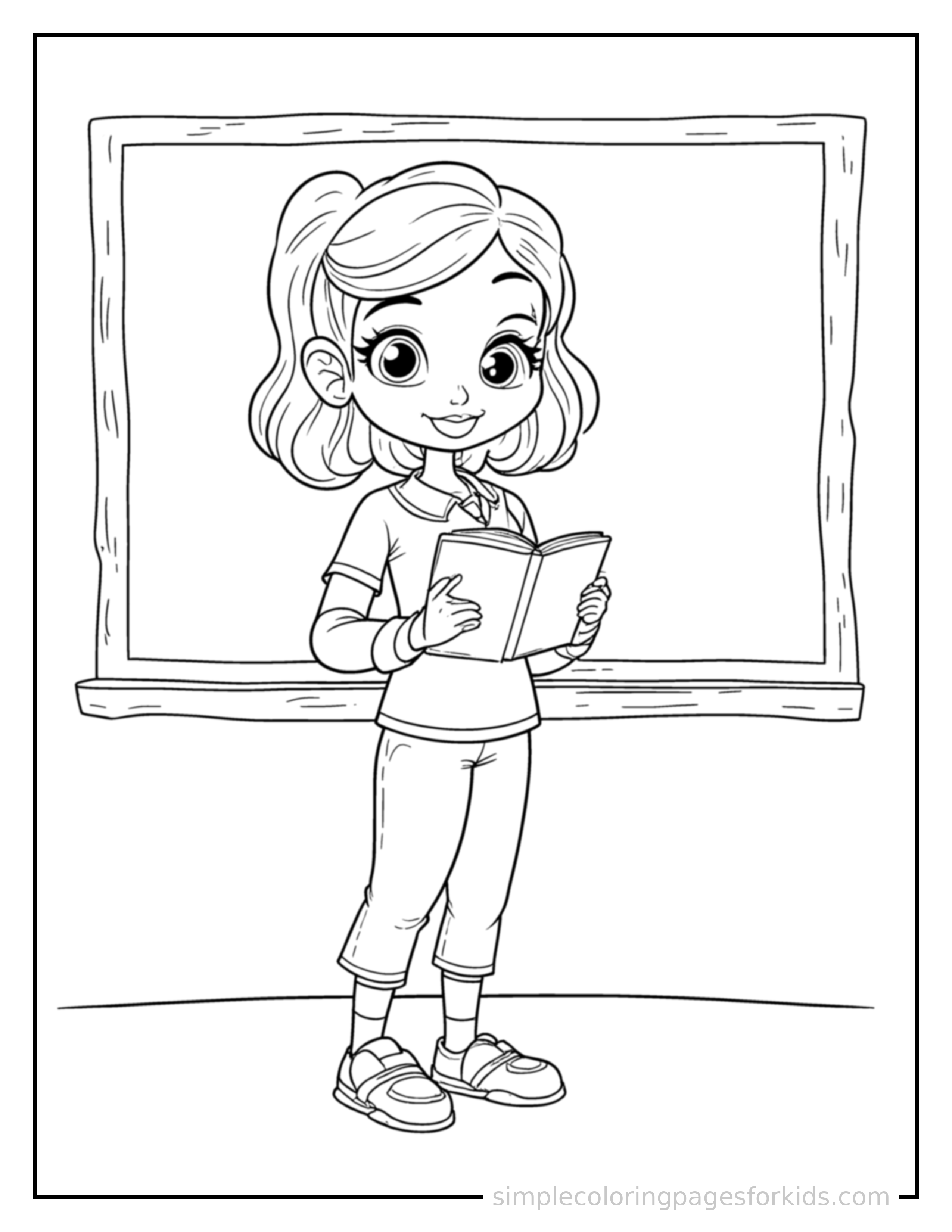 Free printable teacher coloring page featuring a cute teacher holding a book and standing by a chalkboard standing proudly with hands on hips, chest out, big sparkling happy eyes and open smile.