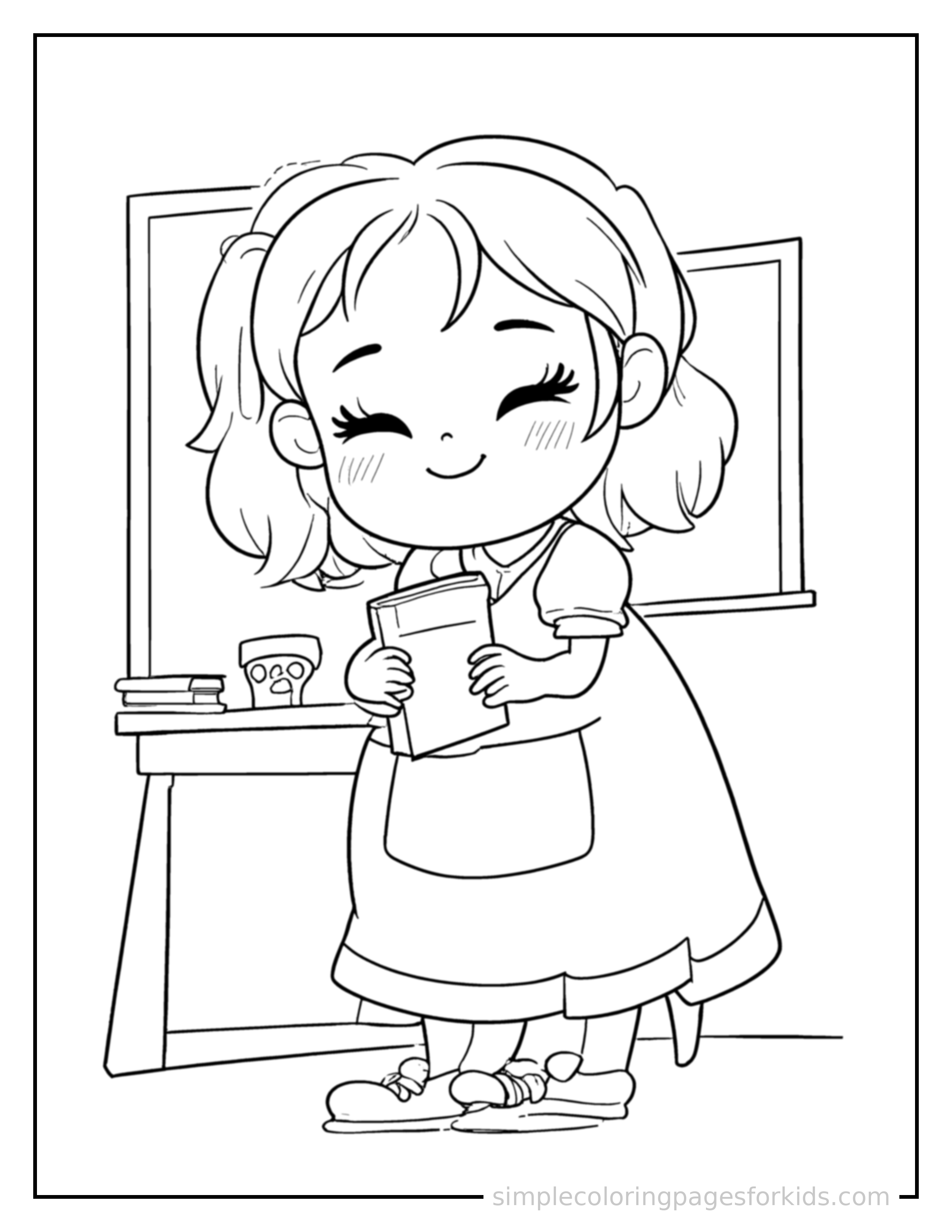Free printable teacher coloring page featuring a cute teacher holding a book and standing by a chalkboard curled up fast asleep, peaceful smile, one eye scrunched shut, hands tucked under the chin.