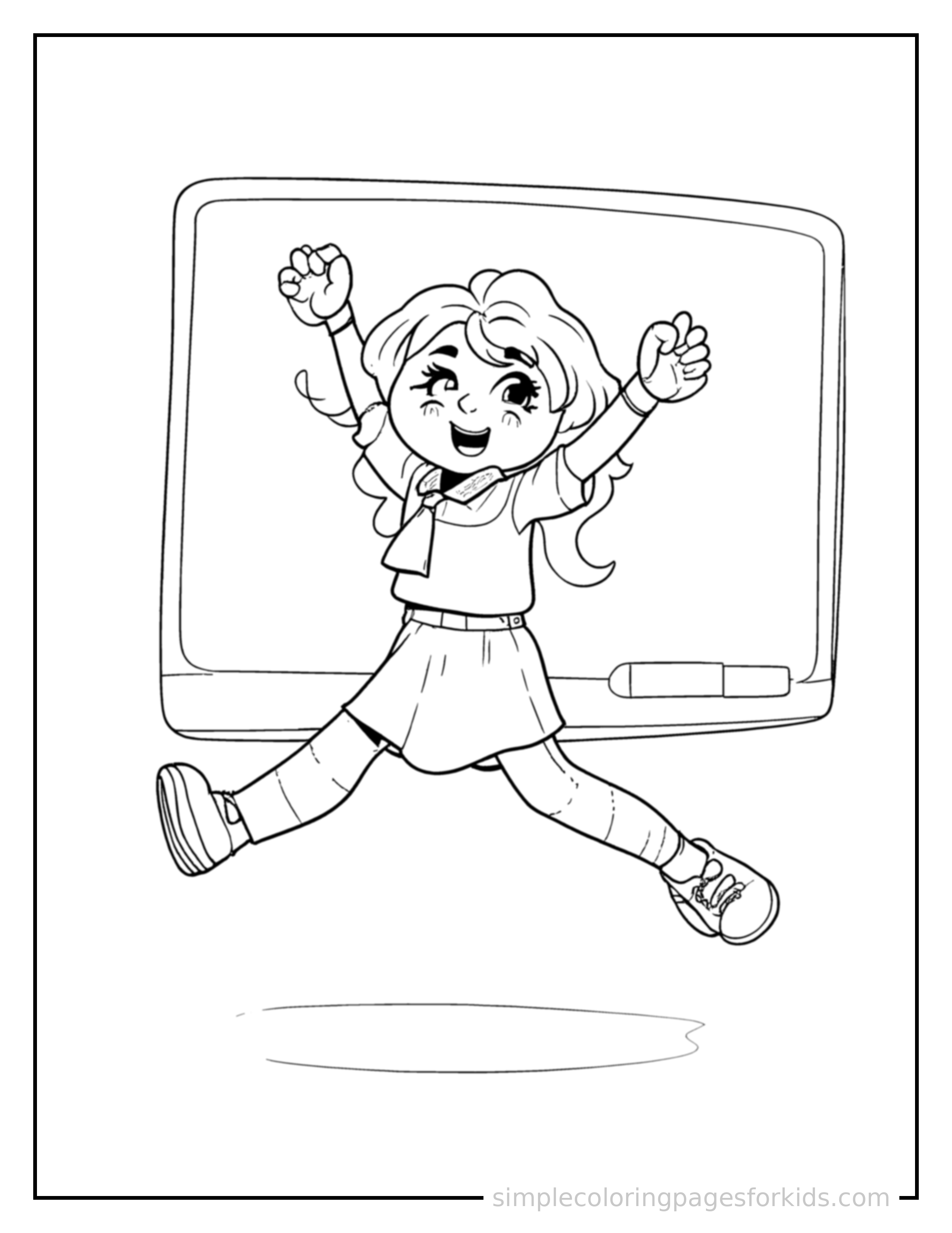 Free printable teacher coloring page featuring a cute teacher holding a book and standing by a chalkboard mid-jump with arms and legs stretched out playfully, mouth open with excitement.