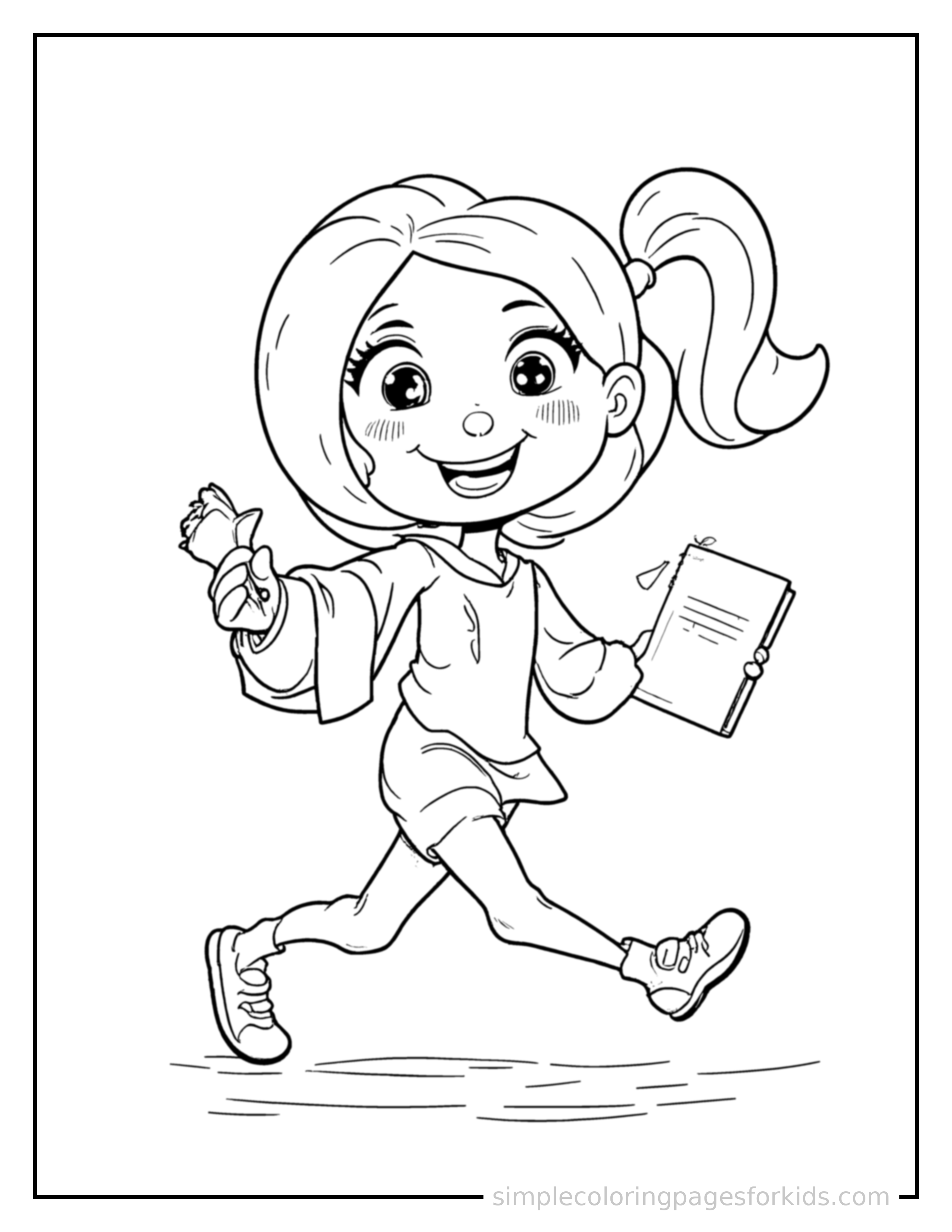 Free printable teacher coloring page featuring a cute teacher holding a book and standing by a chalkboard running forward at full speed, arms pumping, big happy grin.