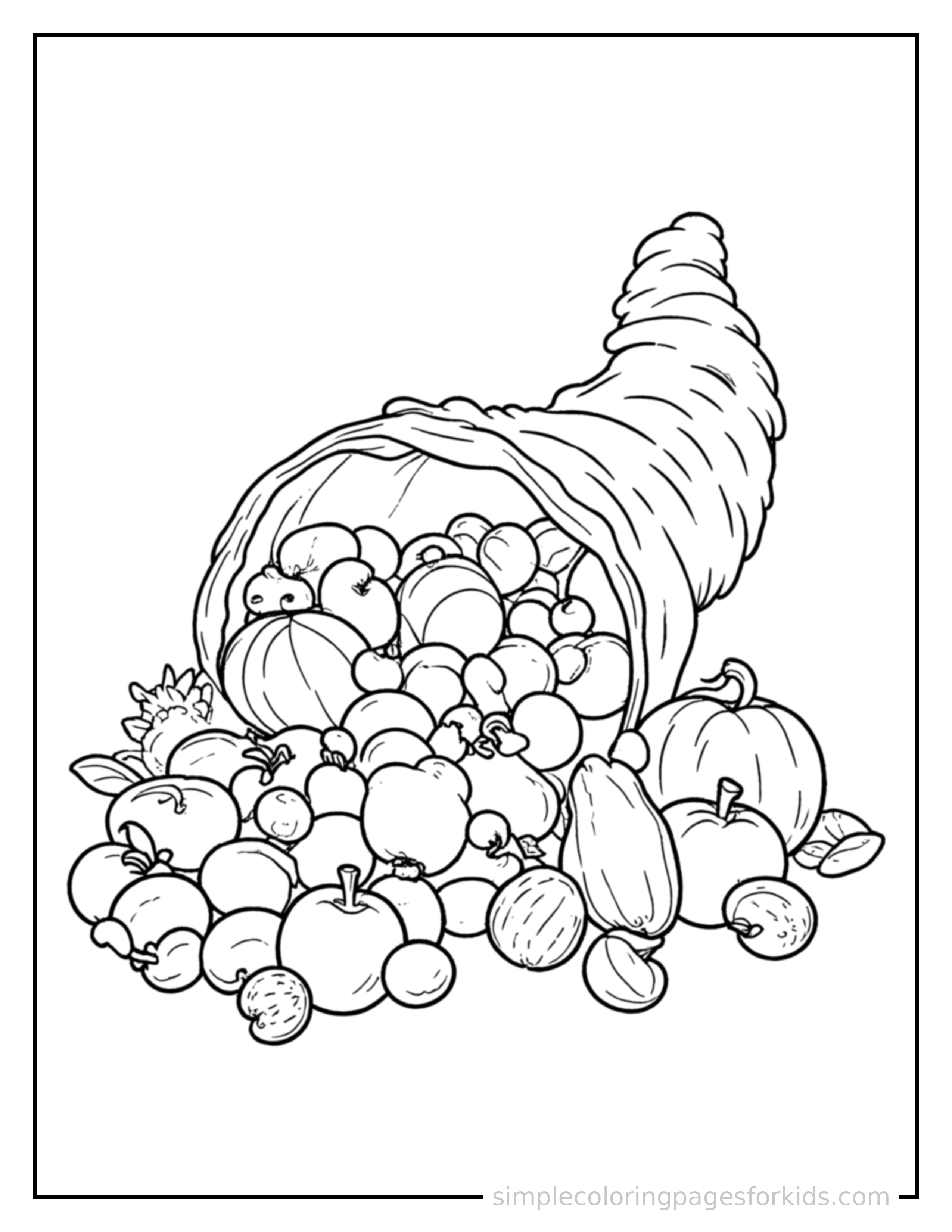 Free printable thanksgiving coloring page featuring a cornucopia overflowing with fruits and vegetables.