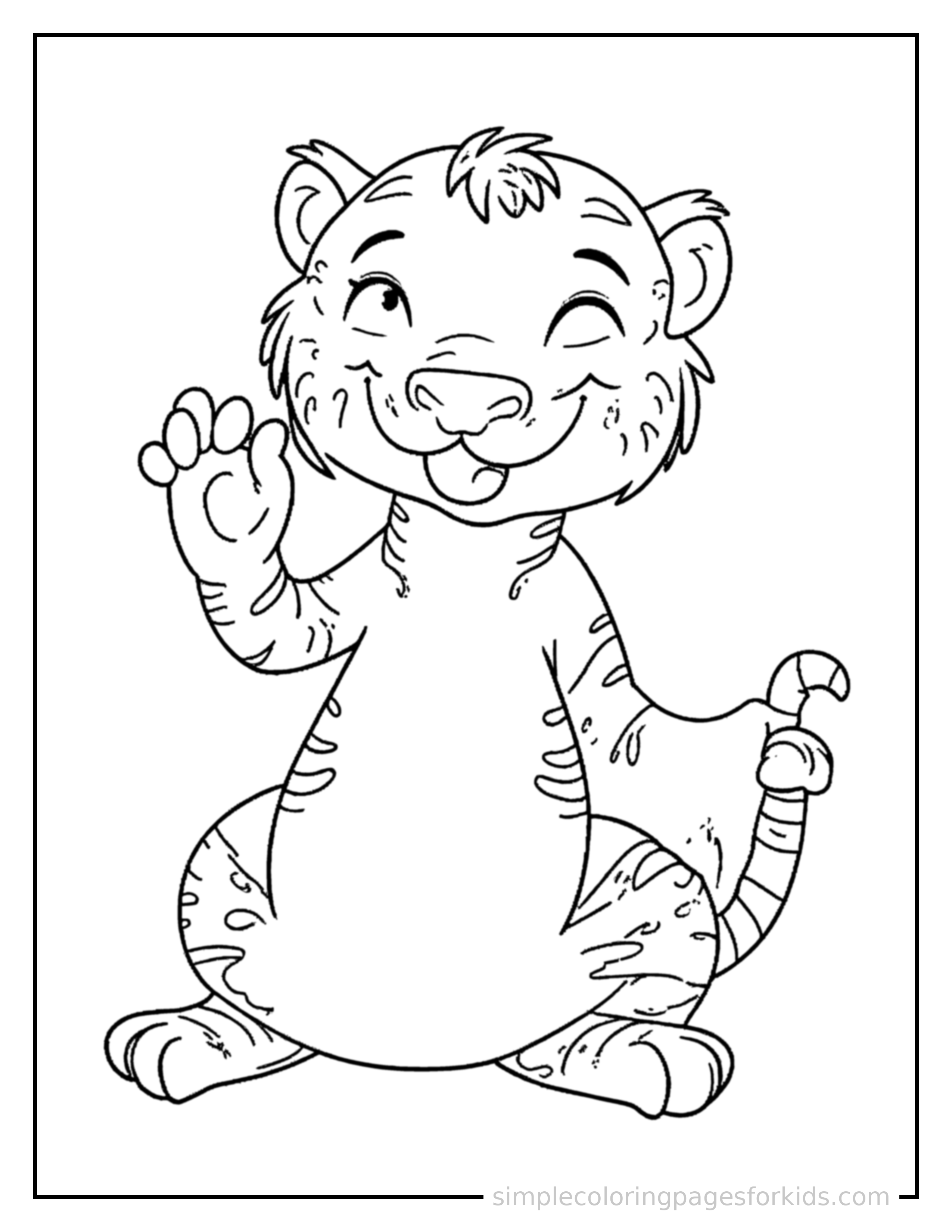 Free printable tiger coloring page featuring a cute tiger sitting up tall with a big cheerful grin, head tilted slightly, one paw raised in a wave.