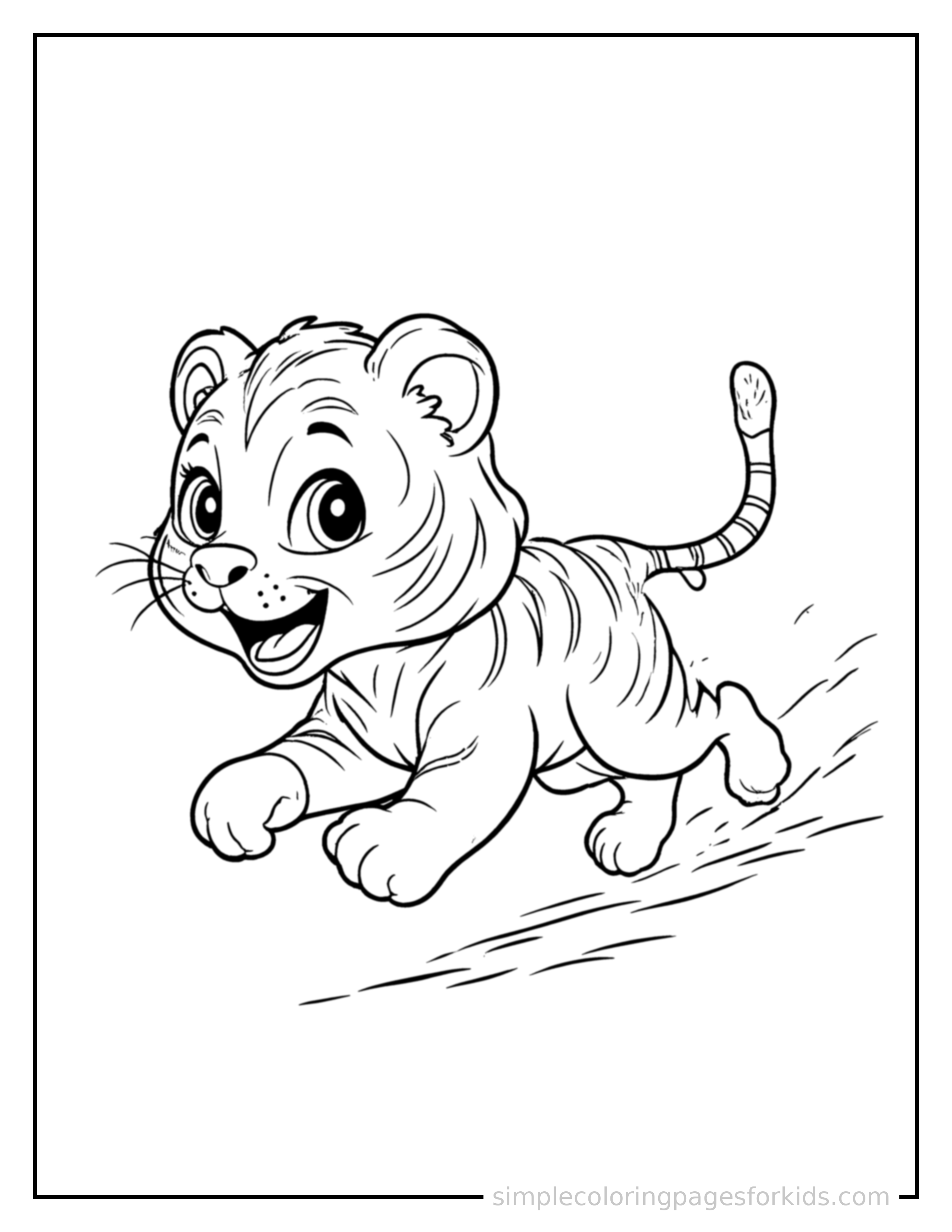 Free printable tiger coloring page featuring a cute tiger galloping forward at full speed, tongue out, ears flying back, big happy grin.