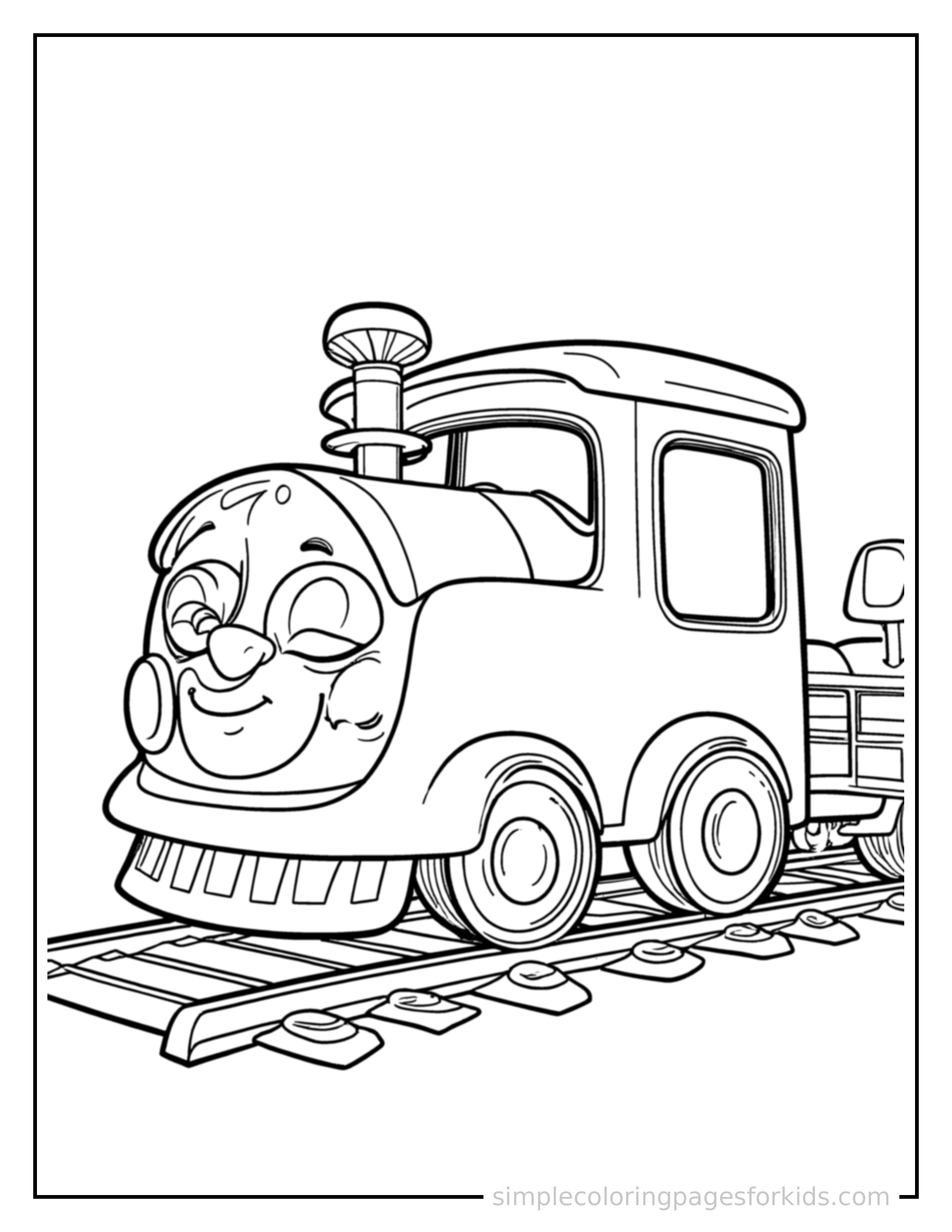 Free printable train coloring page featuring a cute train parked and resting with a sleepy happy expression, one headlight winking.