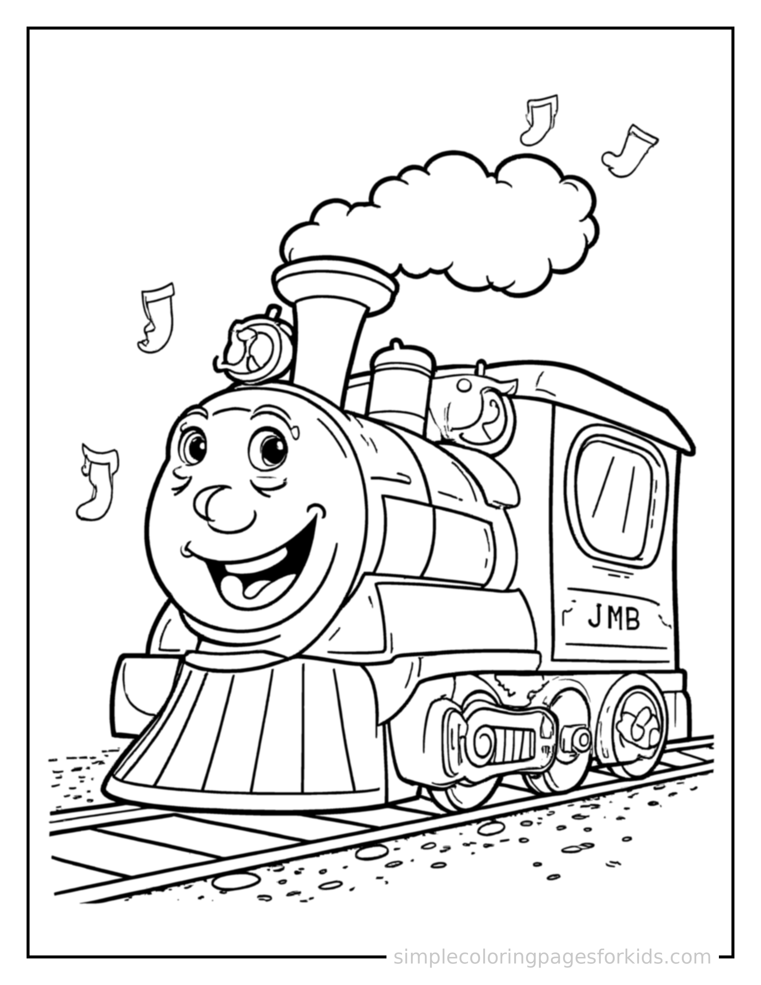 Free printable train coloring page featuring a cute train honking its horn with an excited open-mouth grin, small musical notes nearby.