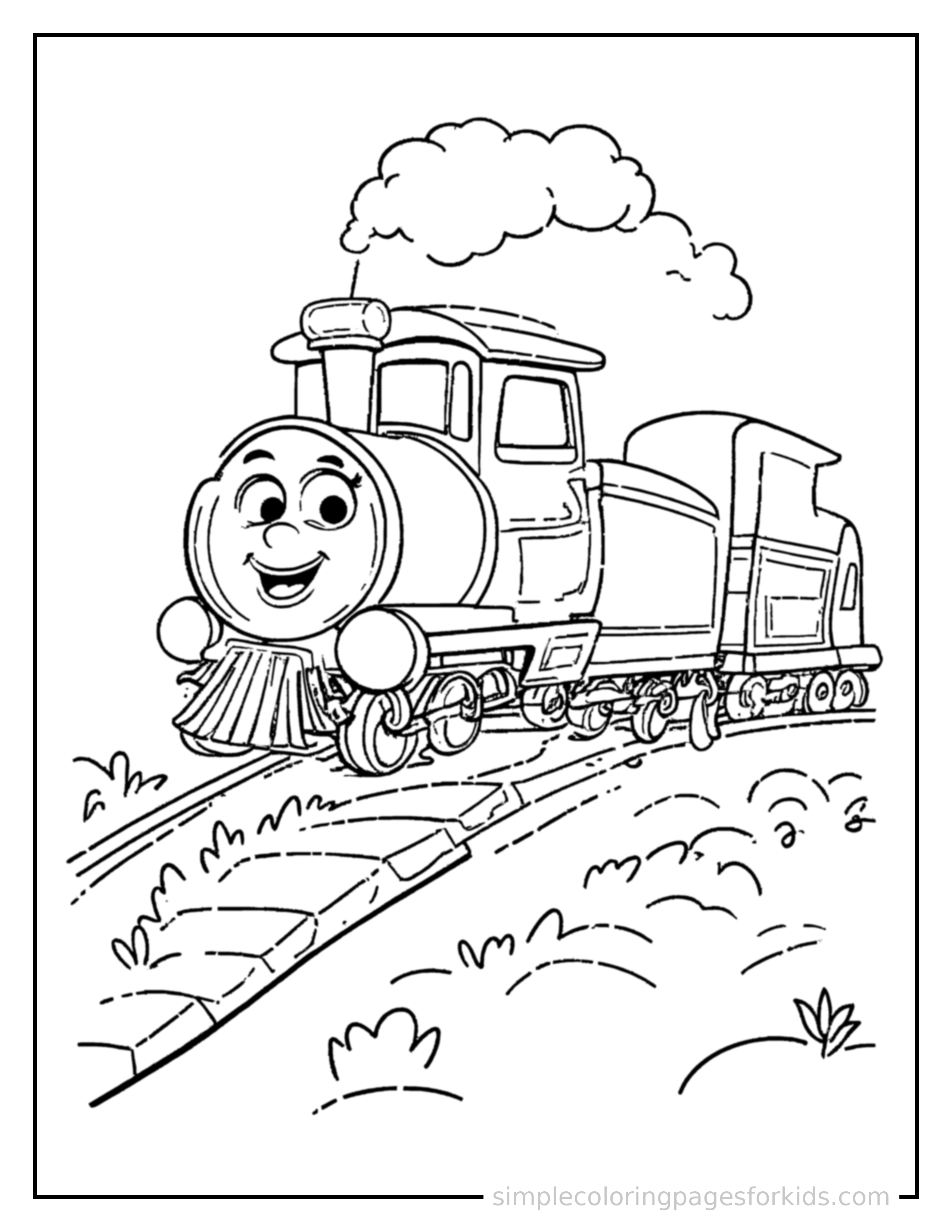 Free printable train coloring page featuring a cute train bouncing over a small bump in the road, joyful expression, wheels off the ground.