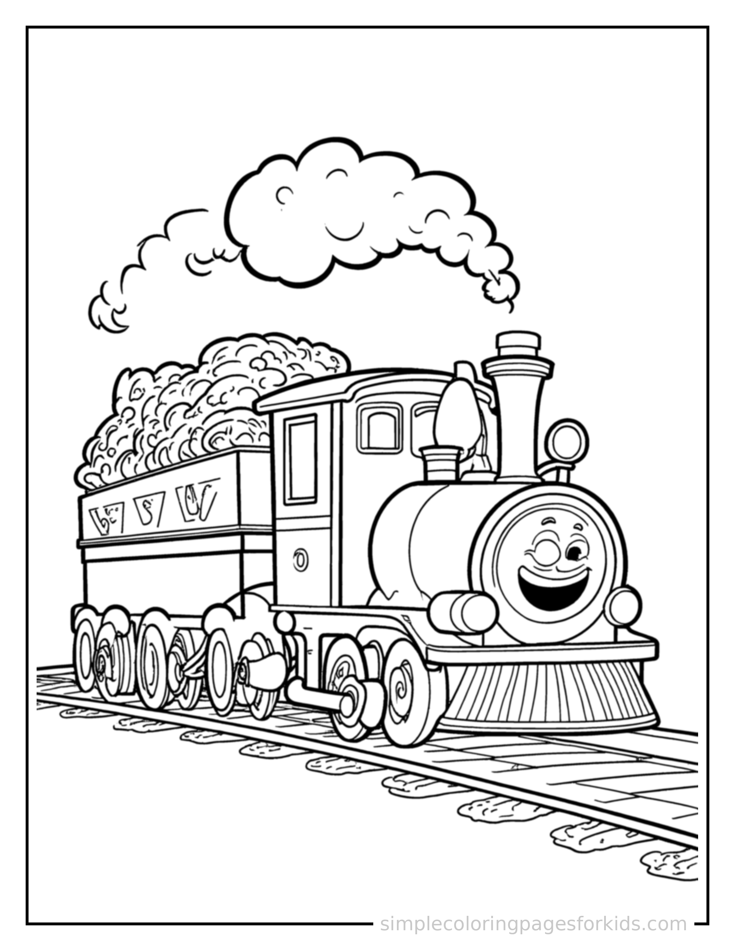 Free printable train coloring page featuring a cute train loaded up with fun cargo, proud big smile, motion lines showing it moving.